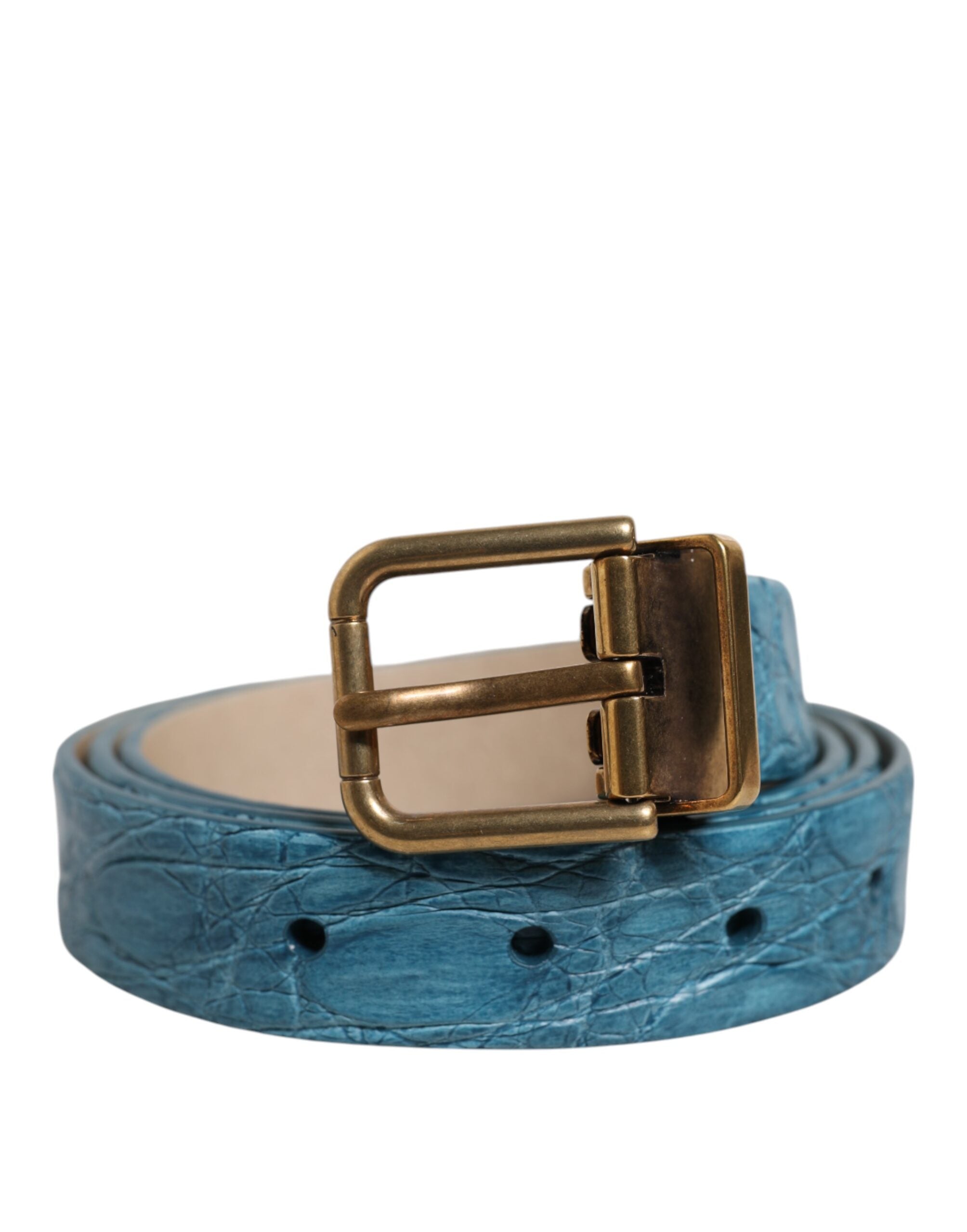 Dolce & Gabbana Blue Leather Classic Belt with Gold Metal Buckle