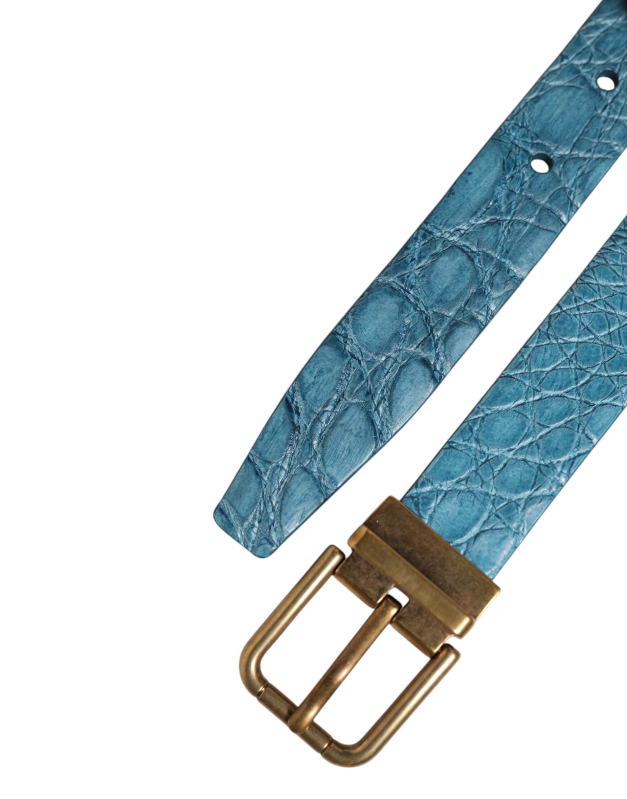 Dolce & Gabbana Blue Leather Classic Belt with Gold Metal Buckle-6