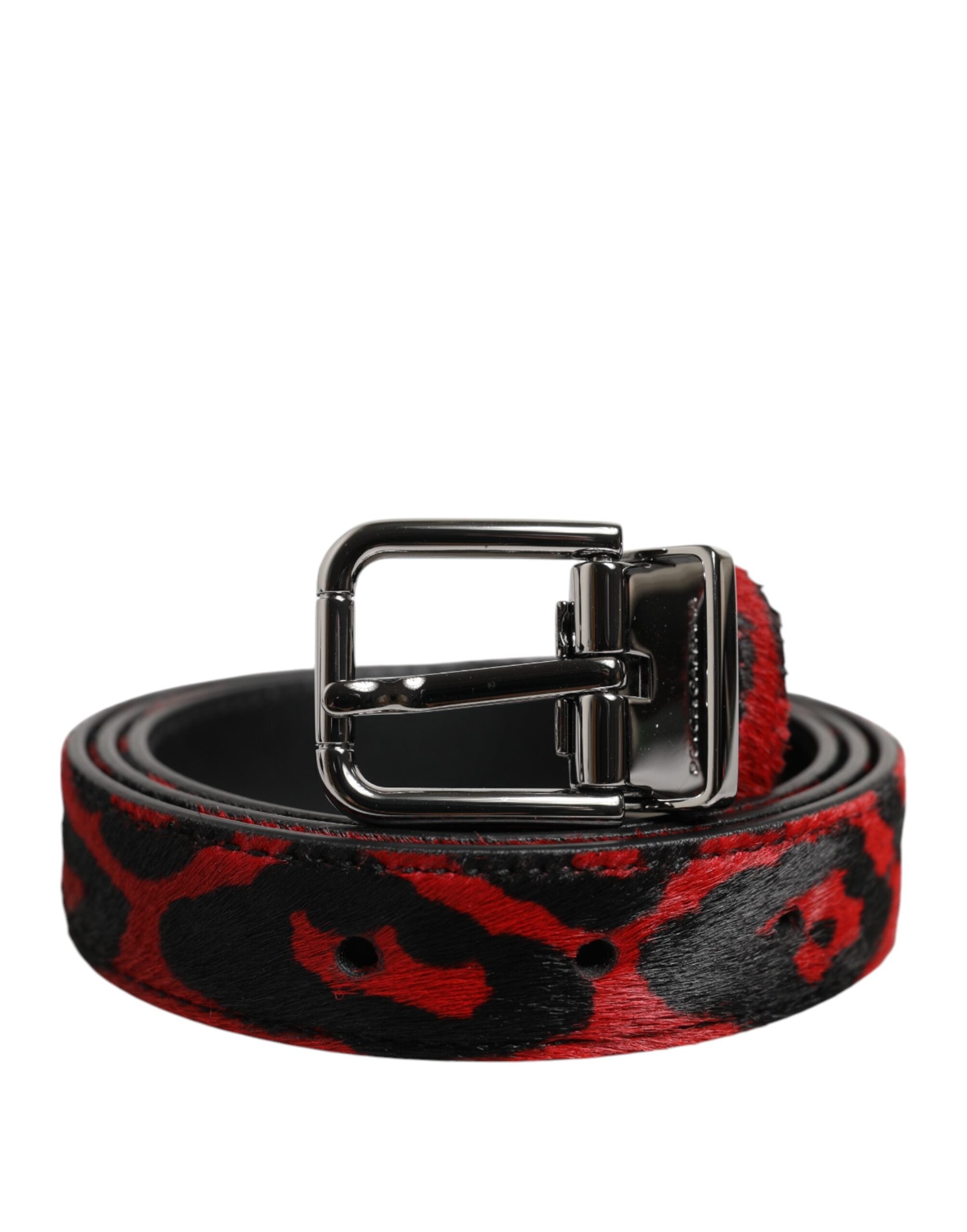 Dolce & Gabbana Black Red Leopard Silver Metal Buckle Belt-2