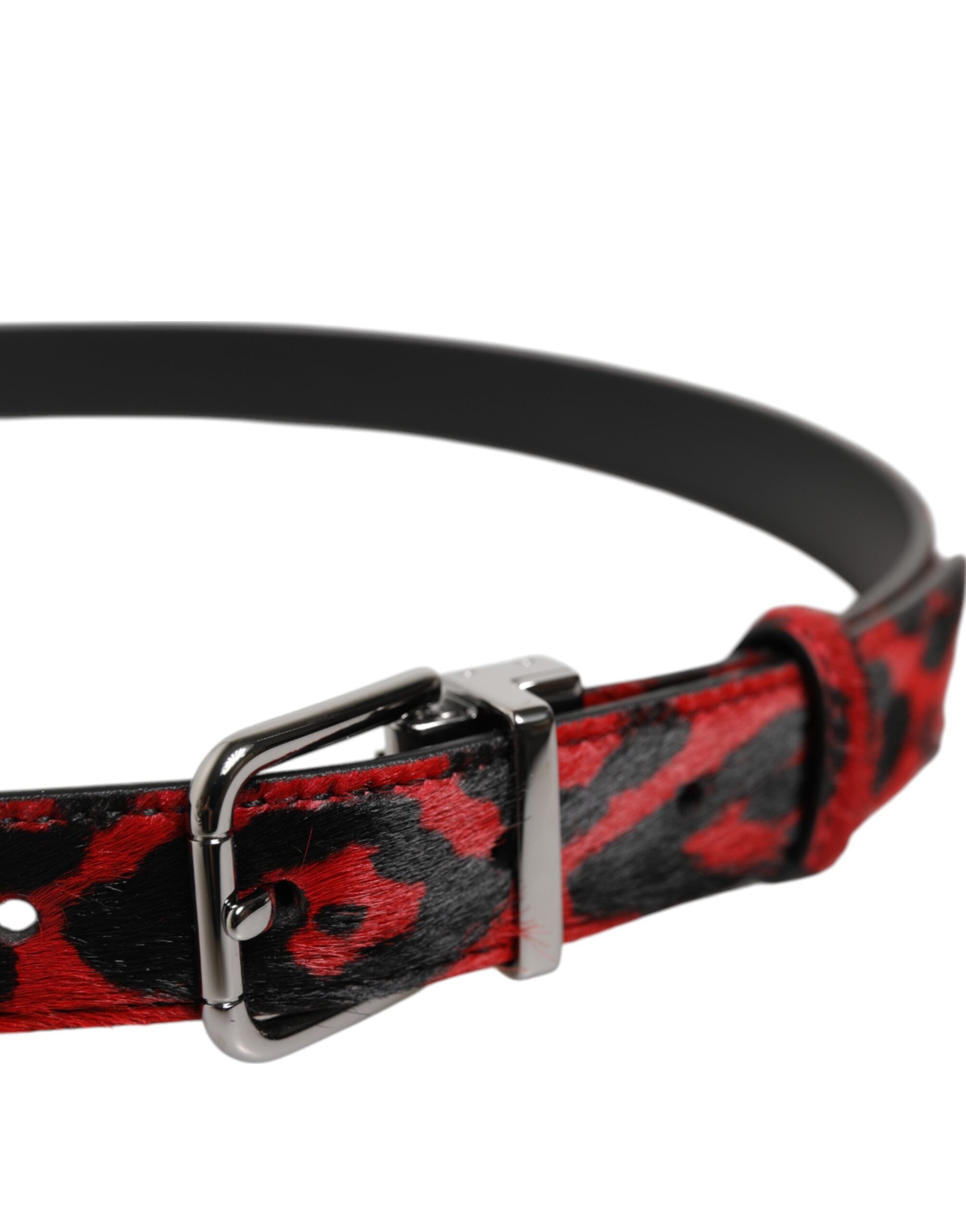 Dolce & Gabbana Black Red Leopard Silver Metal Buckle Belt-4