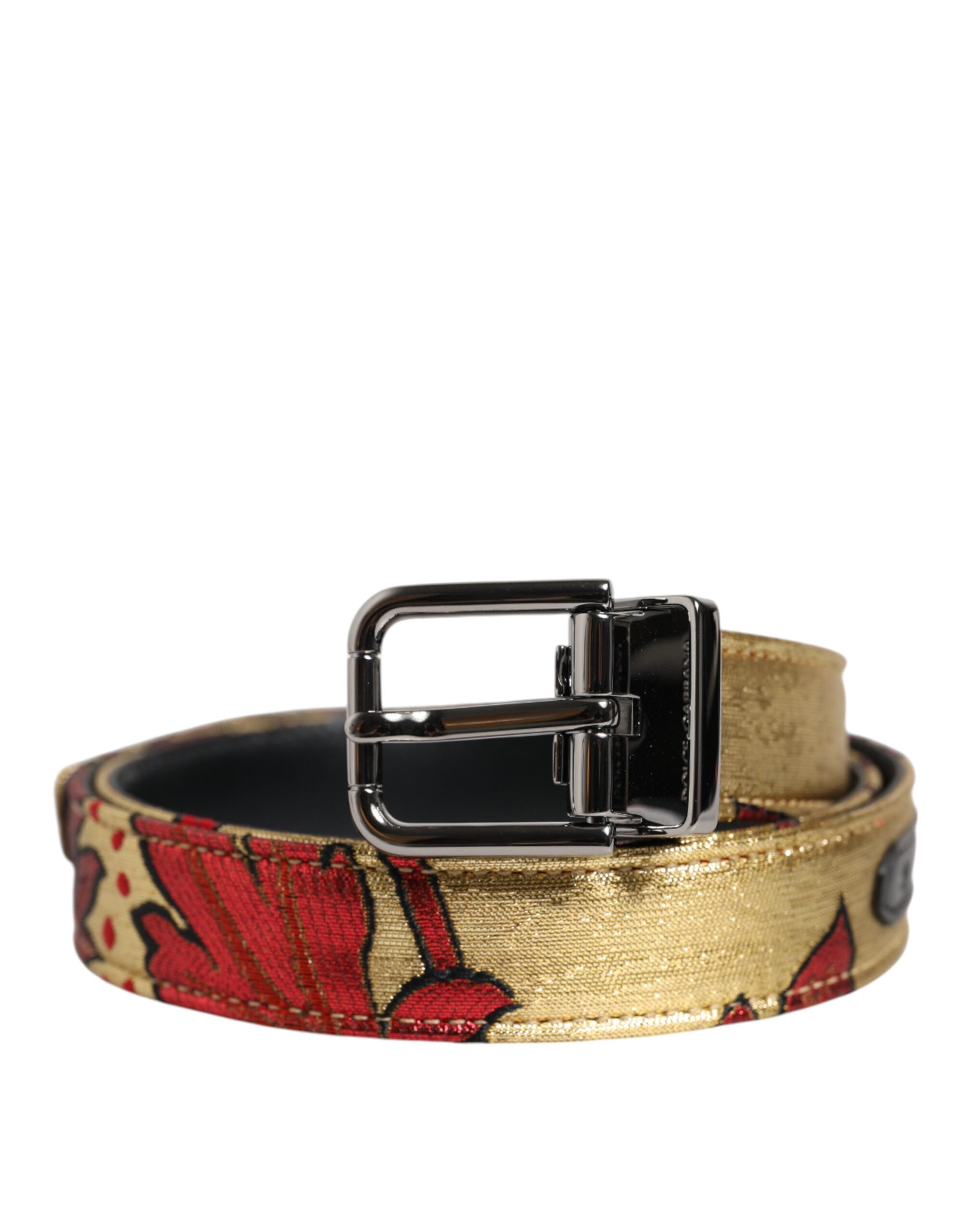 Dolce & Gabbana Gold Floral Jacquard Silver Metal Buckle Belt-1