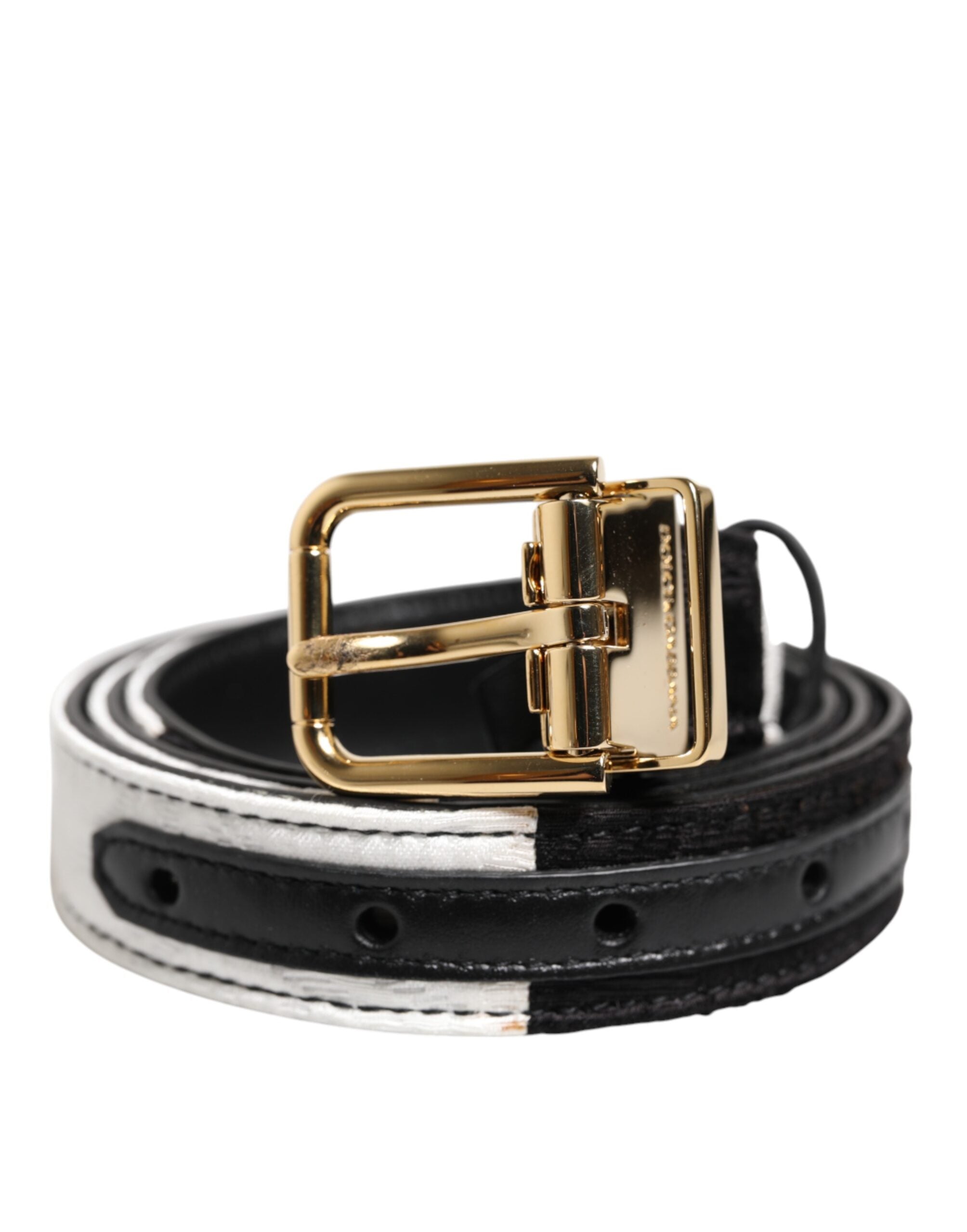 Dolce & Gabbana Schwarzer weißer Patchworkgürtel mit goldener Metallschnalle-2
