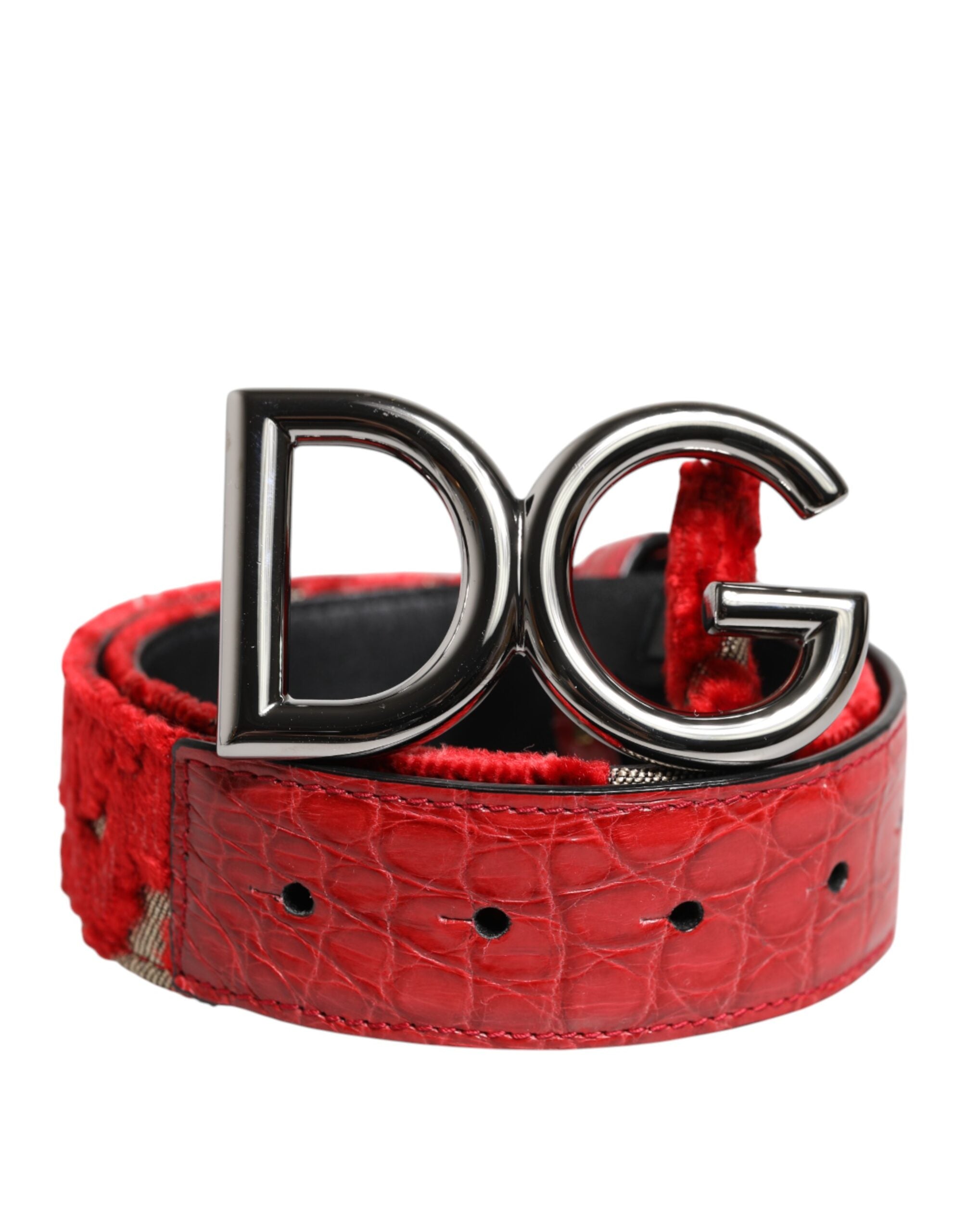Dolce & Gabbana red viscose belt with silver DG logo metal buckle-1