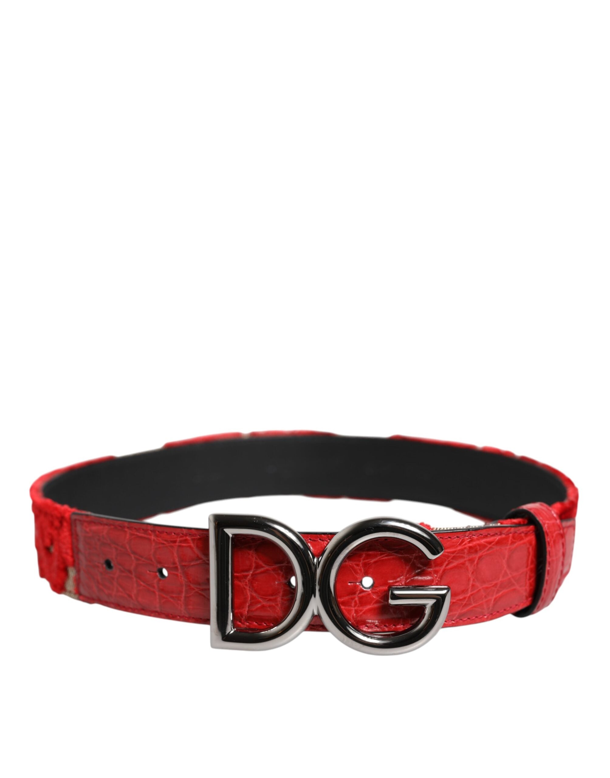 Dolce & Gabbana red viscose belt with silver DG logo metal buckle-3