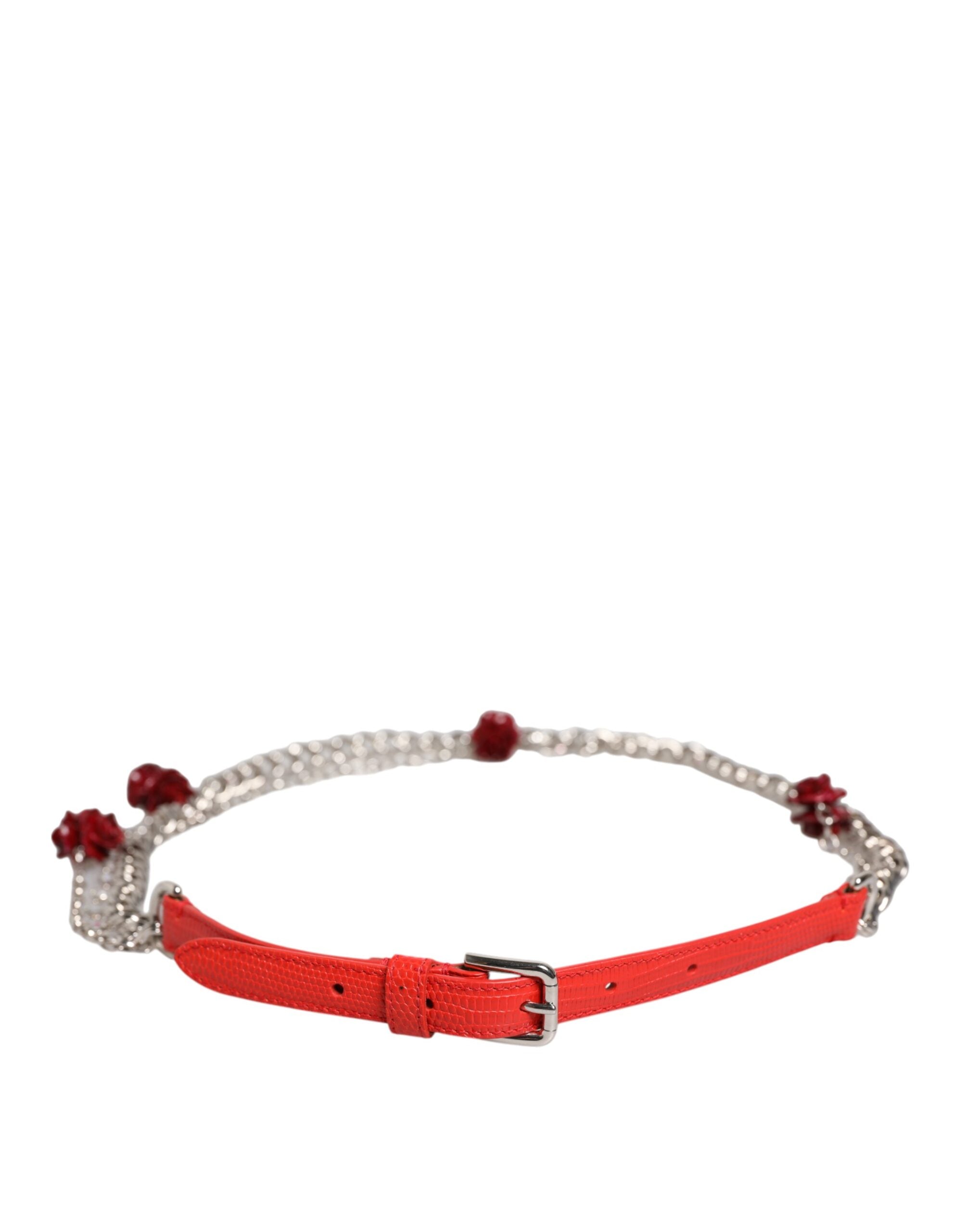 Dolce & Gabbana Red Leather Silver Necklace Floral Belt-1