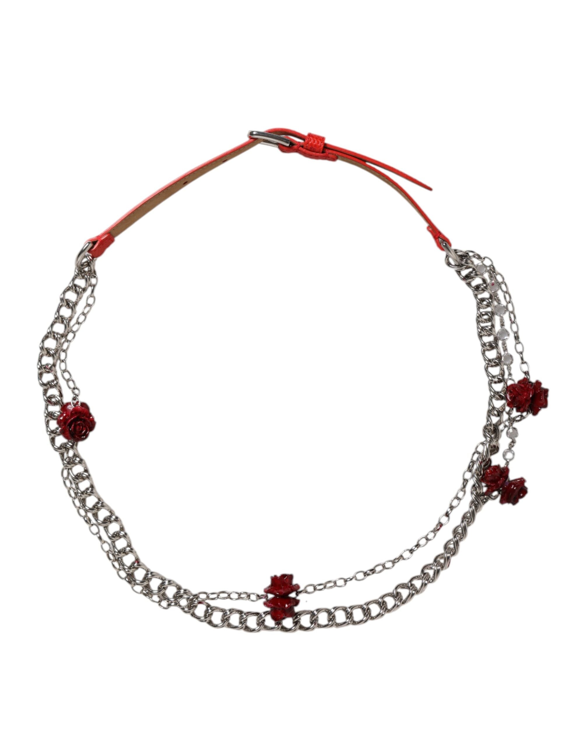 Dolce & Gabbana Red Leather Silver Necklace Floral Belt-3