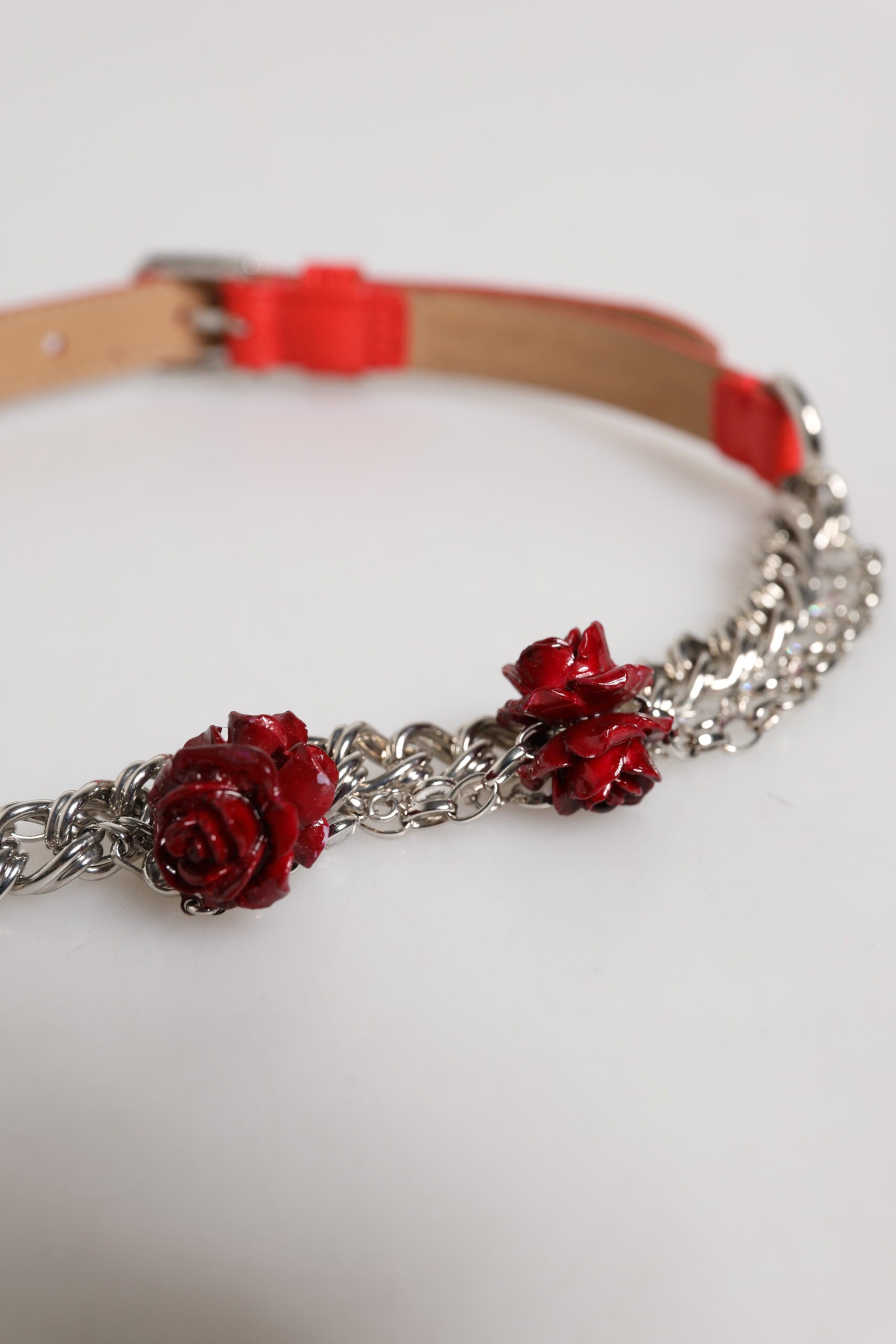 Dolce & Gabbana Red Leather Silver Necklace Floral Belt-4