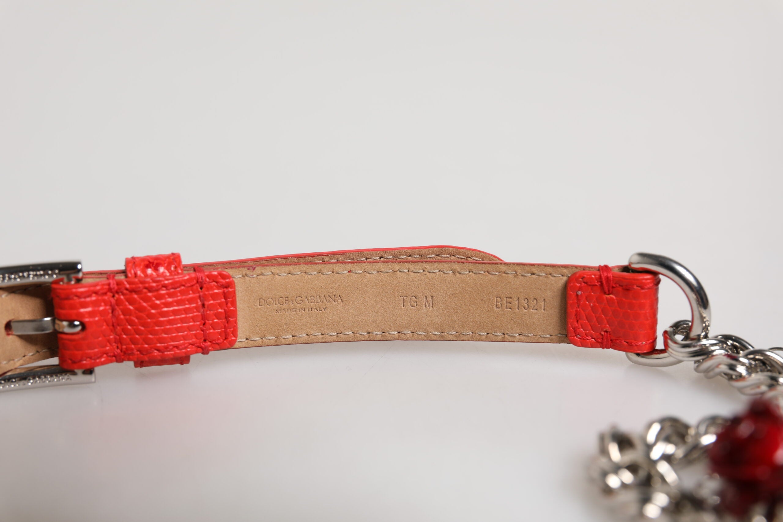 Dolce & Gabbana Red Leather Silver Necklace Floral Belt-5