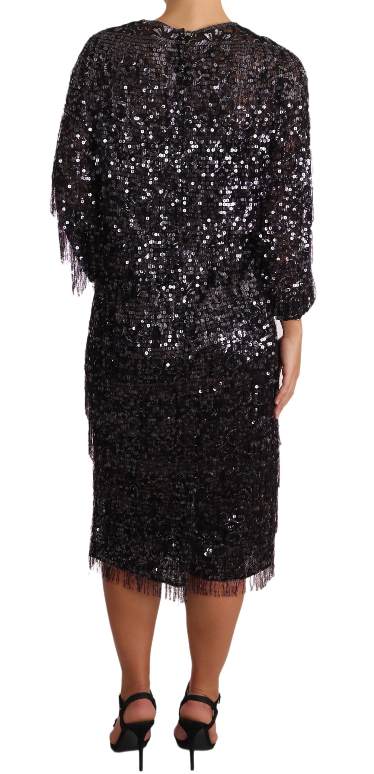 Dolce & Gabbana Black Long Sleeve Shift Midi Dress with Sequins-2