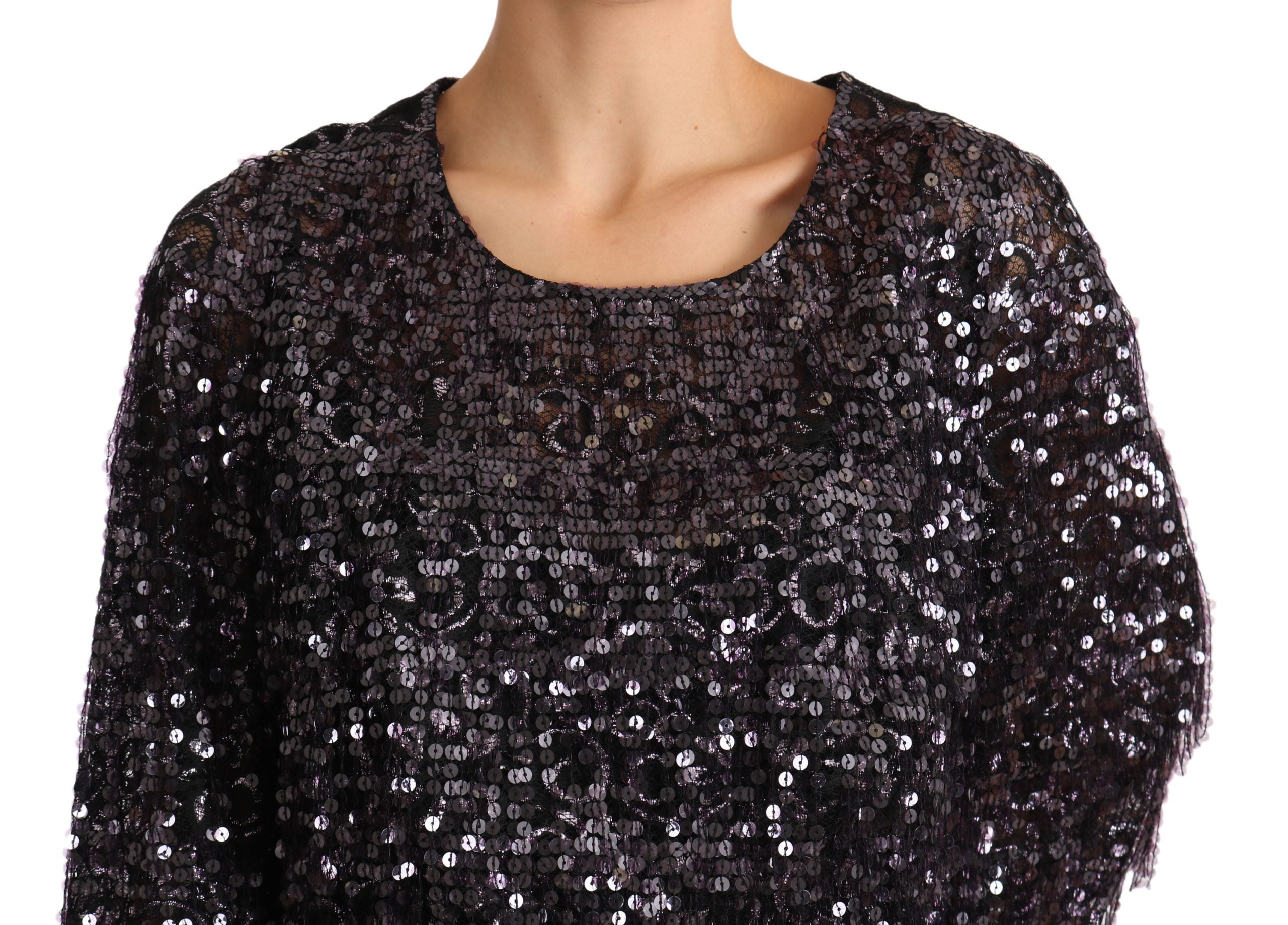 Dolce & Gabbana Black Long Sleeve Shift Midi Dress with Sequins-3