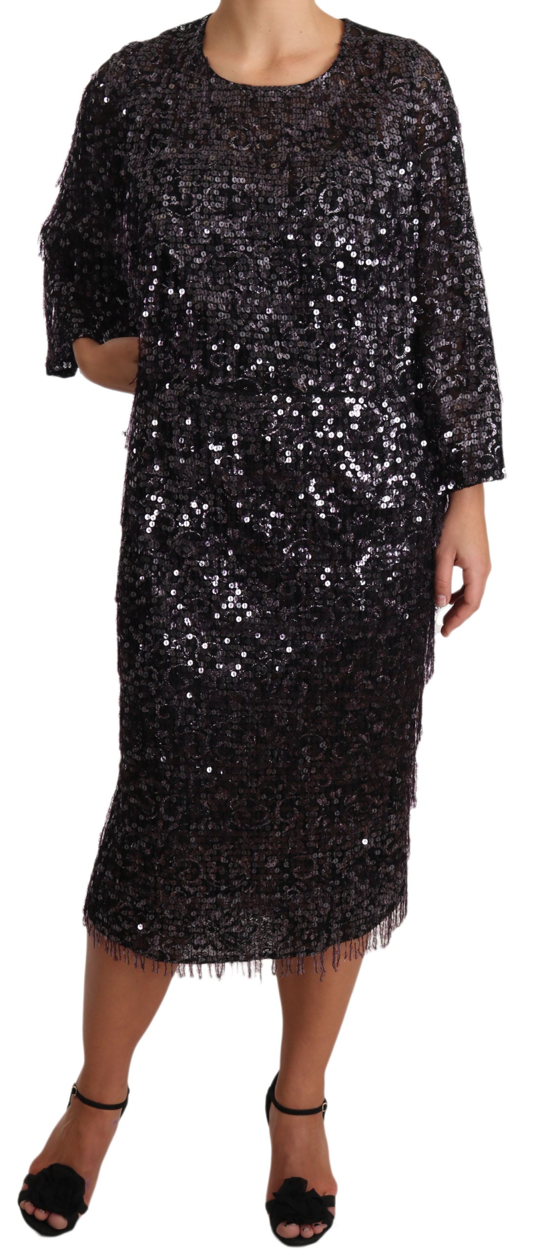 Dolce & Gabbana Black Long Sleeve Shift Midi Dress with Sequins