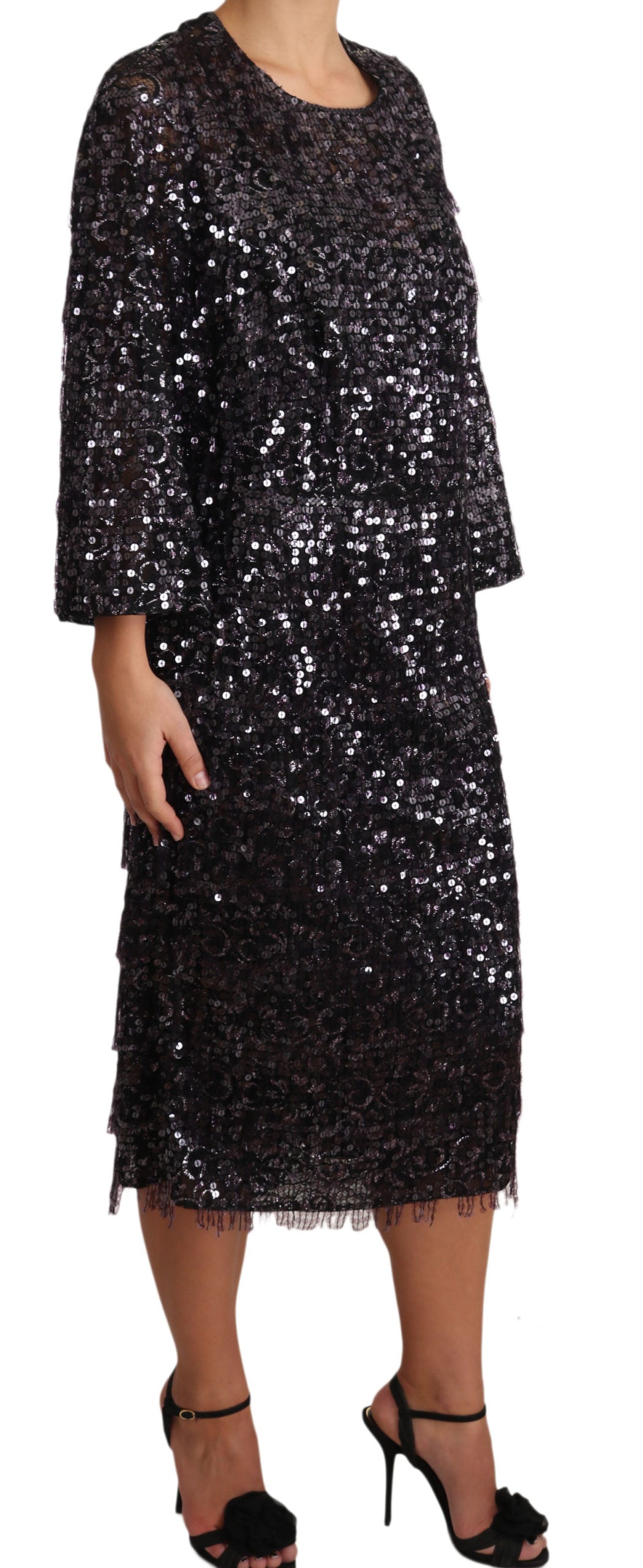 Dolce & Gabbana Black Long Sleeve Shift Midi Dress with Sequins-4