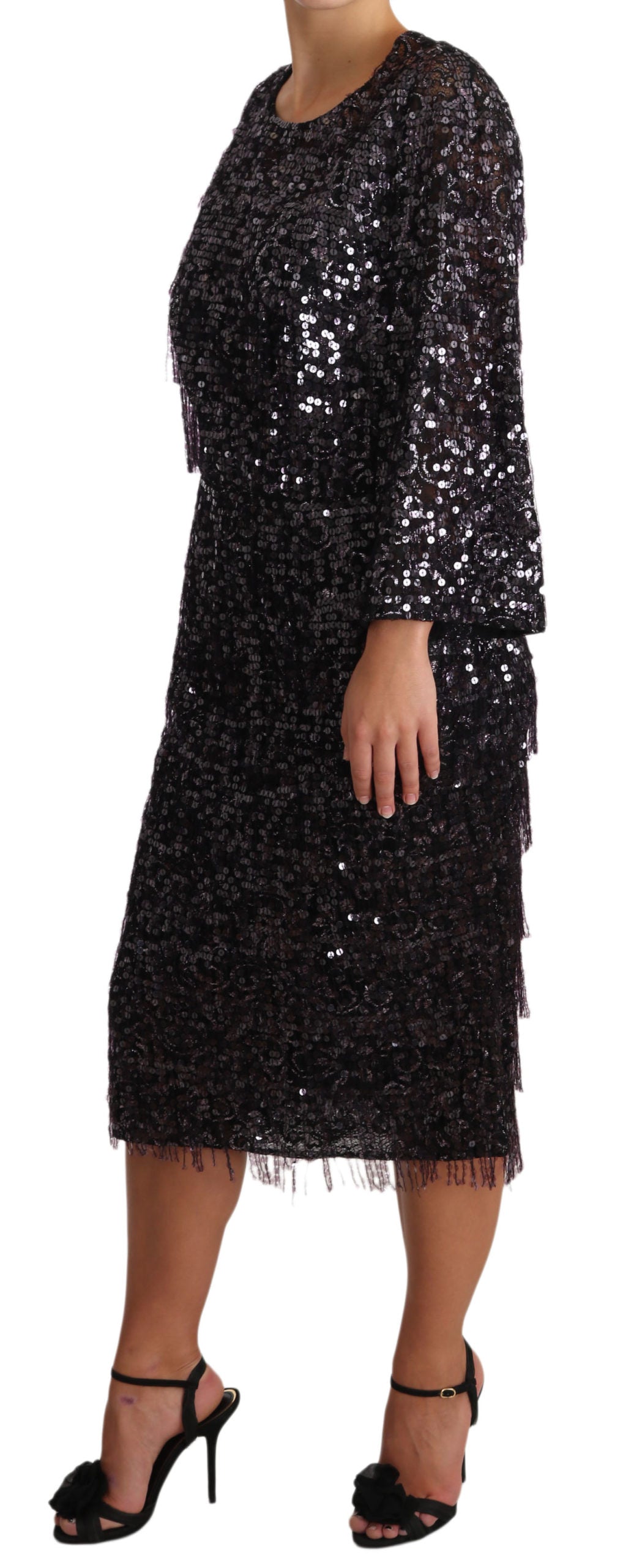 Dolce & Gabbana Black Long Sleeve Shift Midi Dress with Sequins-5