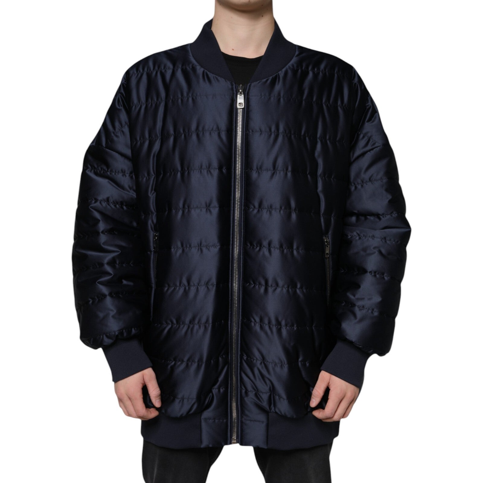 Dolce & Gabbana dark blue quilted bomber jacket with full-length zipper