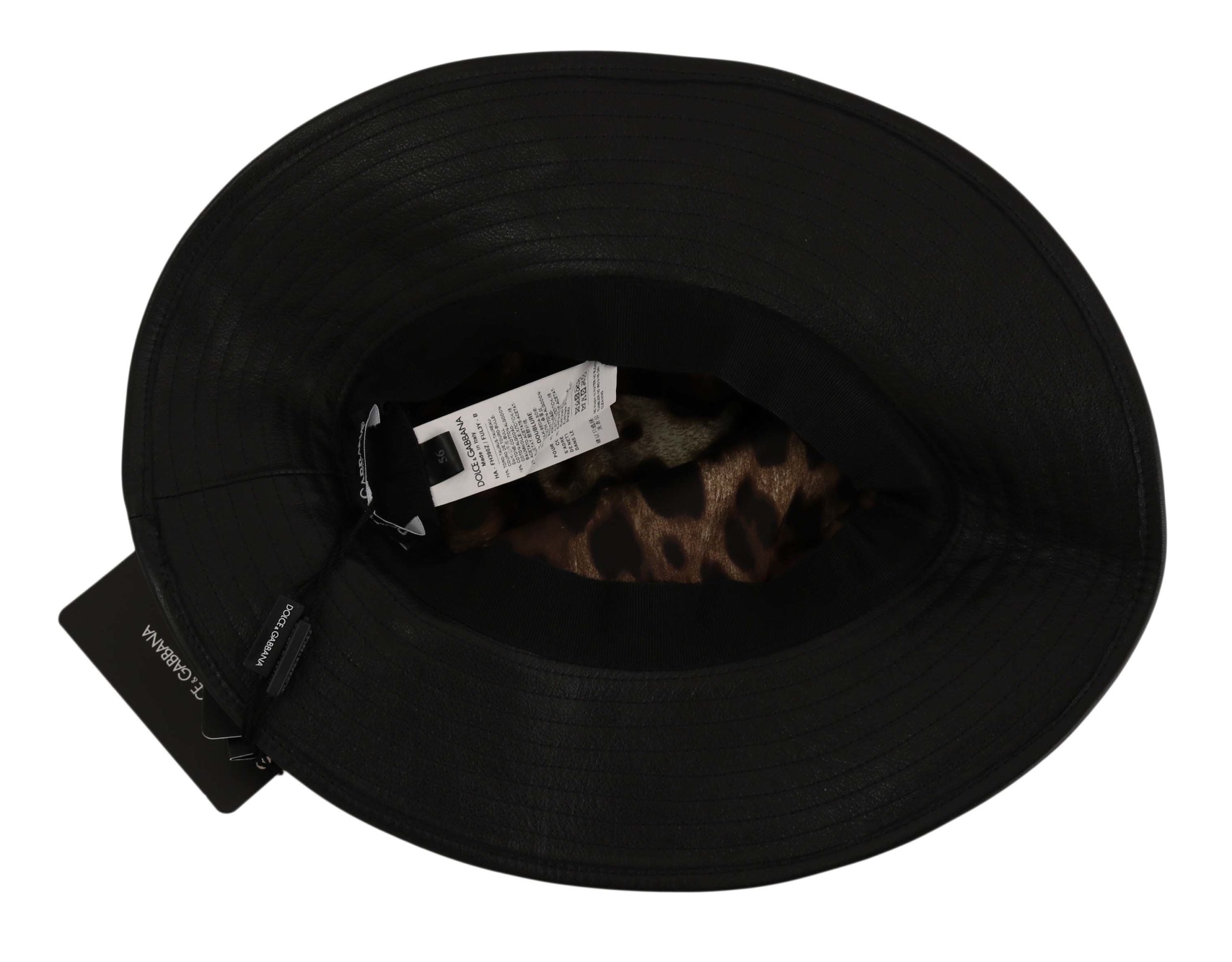 Dolce & Gabbana Black Leather DG Coin Crystal Wide Brim Hat-2