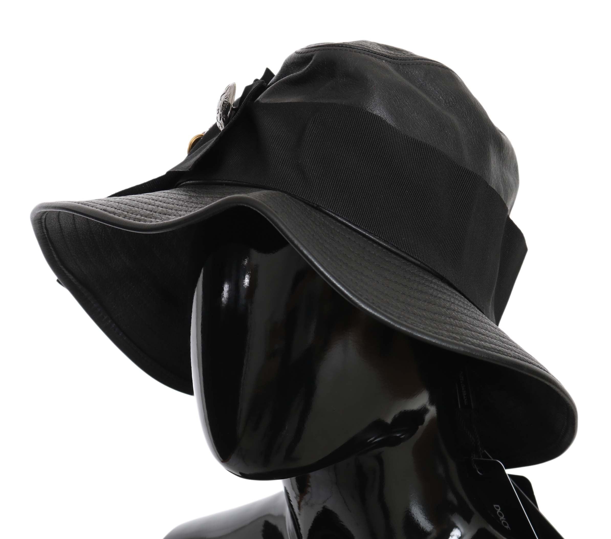 Dolce & Gabbana Black Leather DG Coin Crystal Wide Brim Hat-3