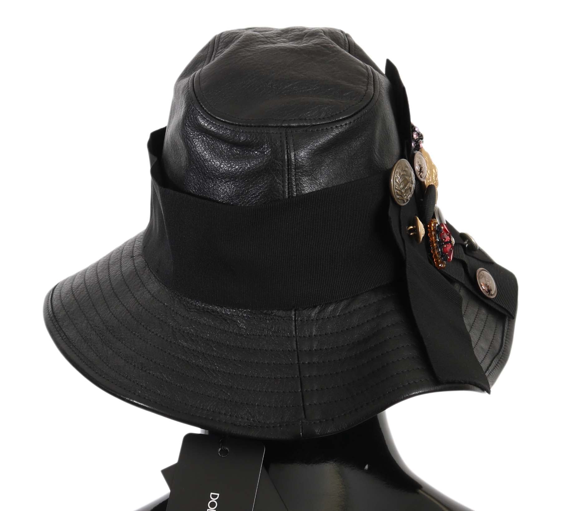 Dolce & Gabbana Black Leather DG Coin Crystal Wide Brim Hat-4