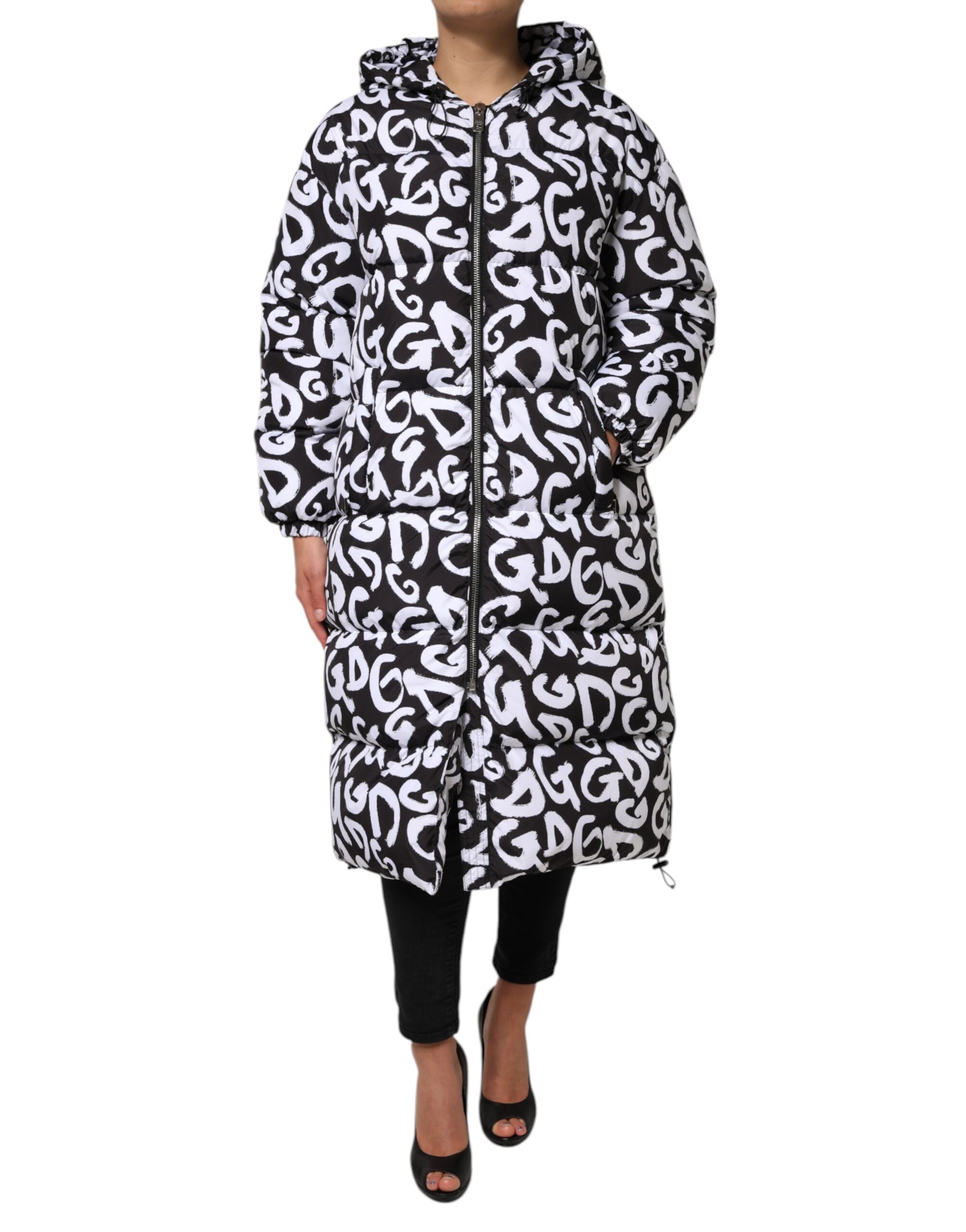Dolce & Gabbana Black and White DG Mania Long Hooded Coat Jacket