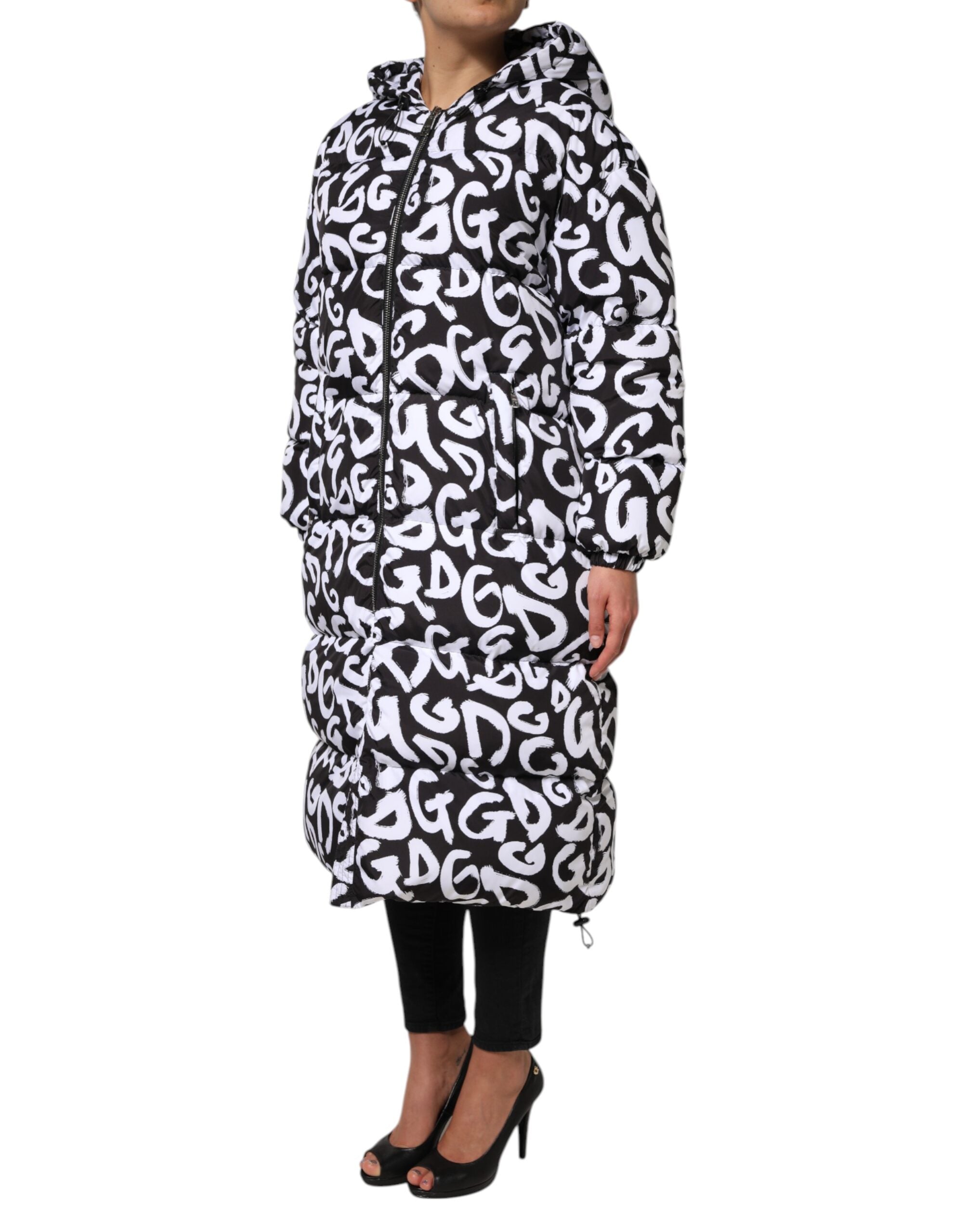 Dolce & Gabbana Black and White DG Mania Long Hooded Coat Jacket-3