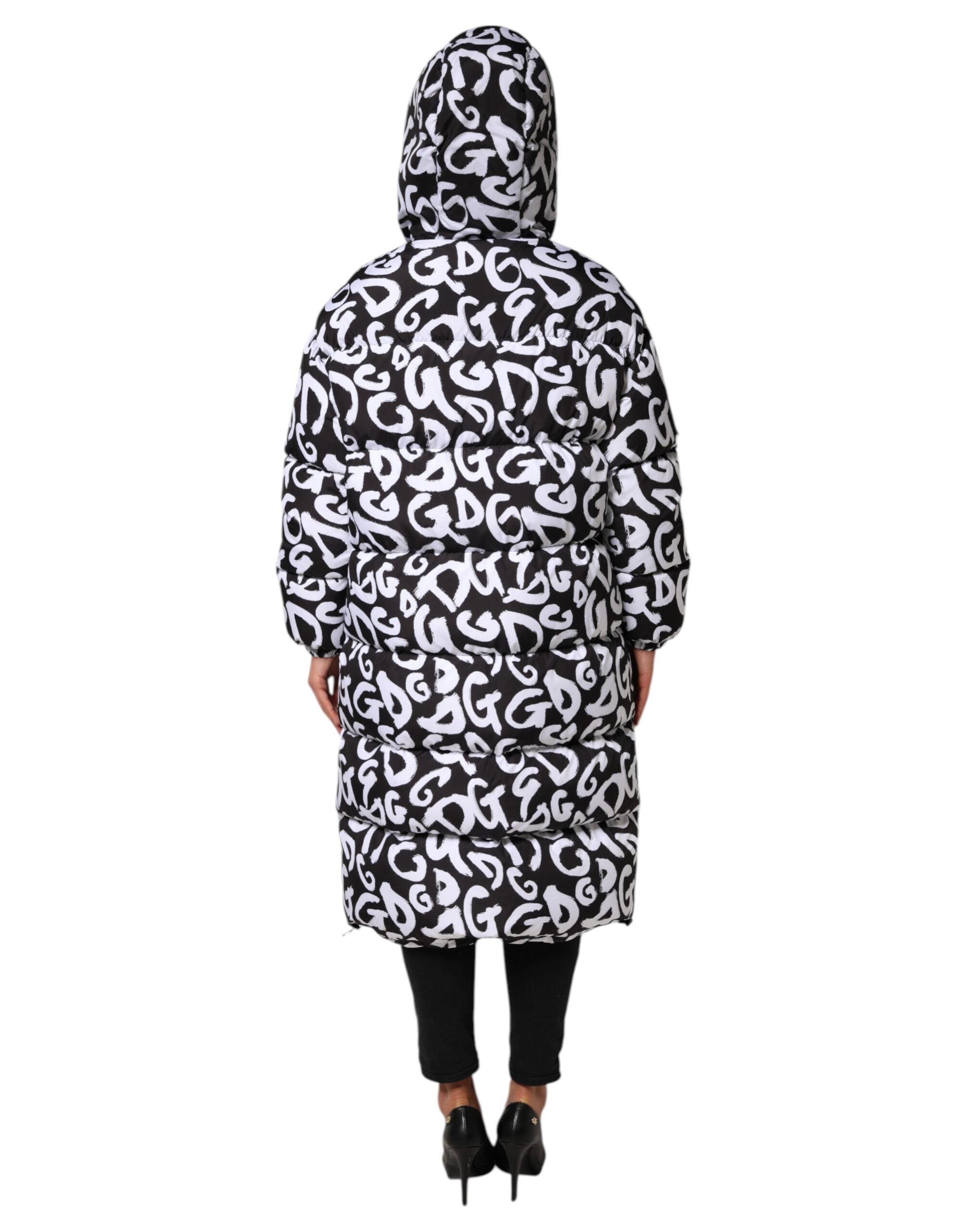 Dolce & Gabbana Black and White DG Mania Long Hooded Coat Jacket-4