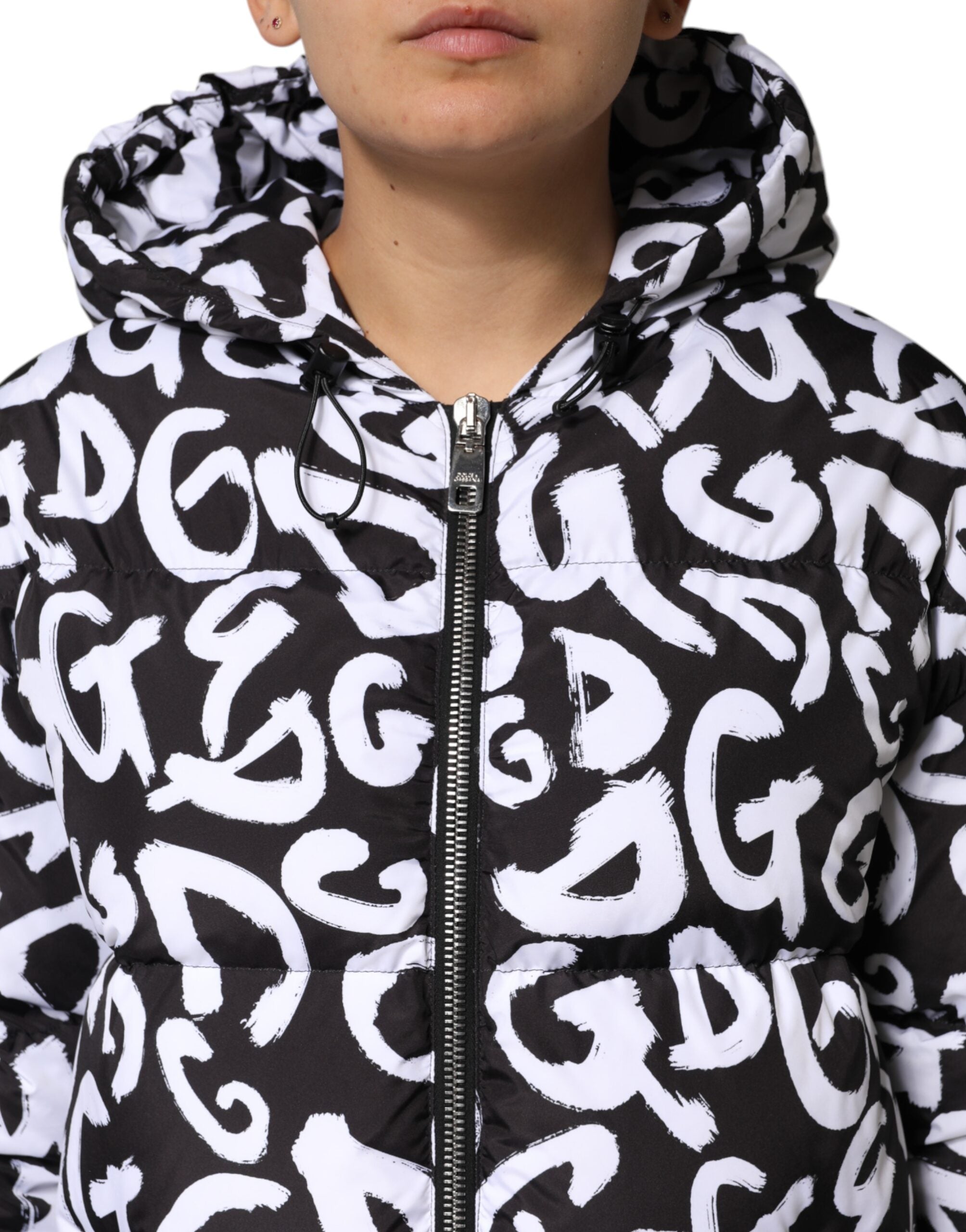 Dolce & Gabbana Black and White DG Mania Long Hooded Coat Jacket-5