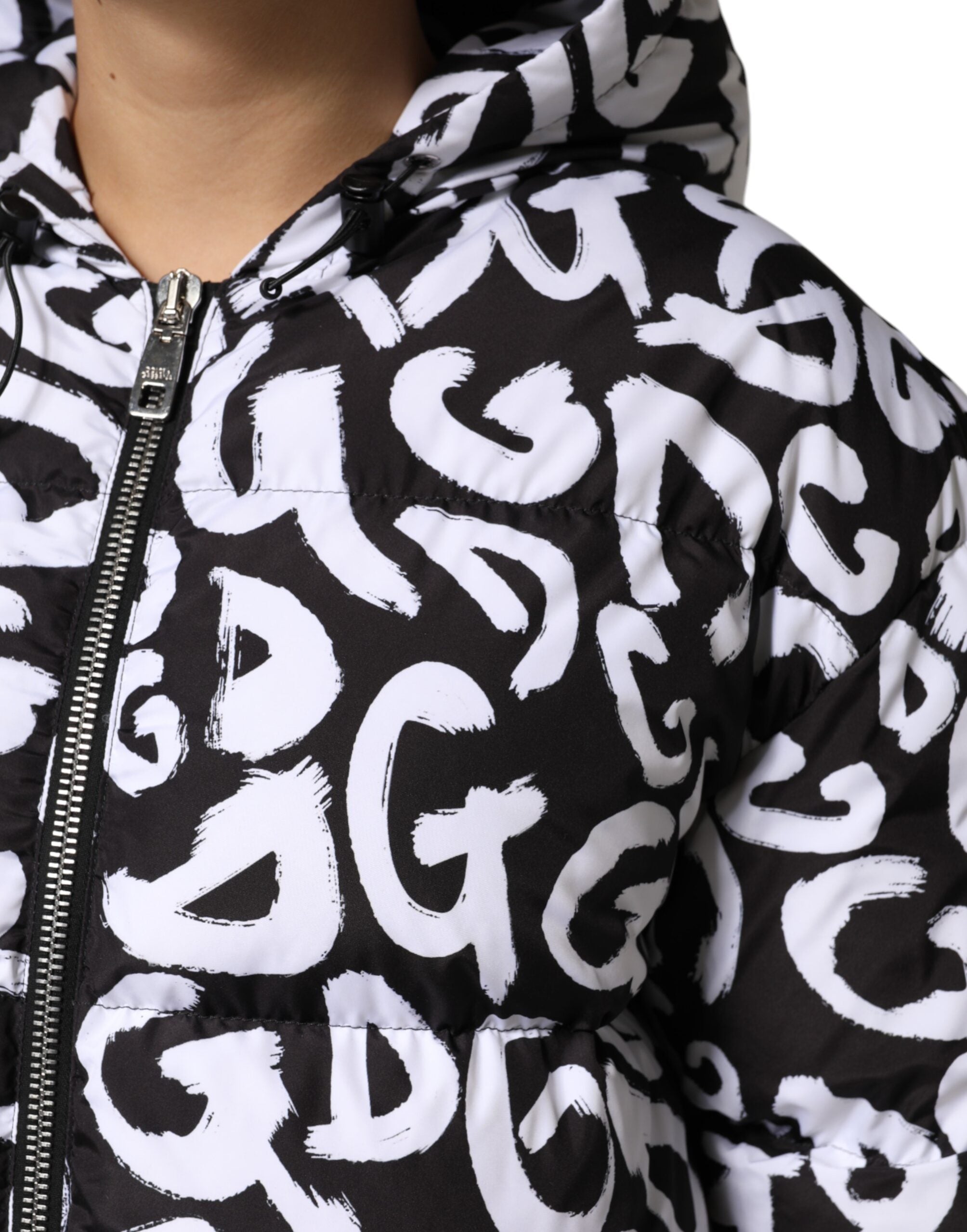 Dolce & Gabbana Black and White DG Mania Long Hooded Coat Jacket-6