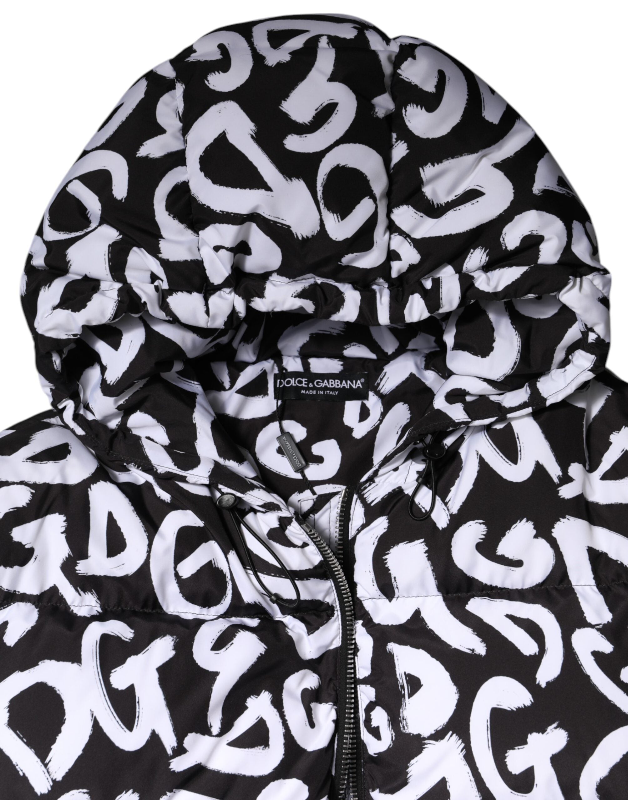 Dolce & Gabbana Black and White DG Mania Long Hooded Coat Jacket-7