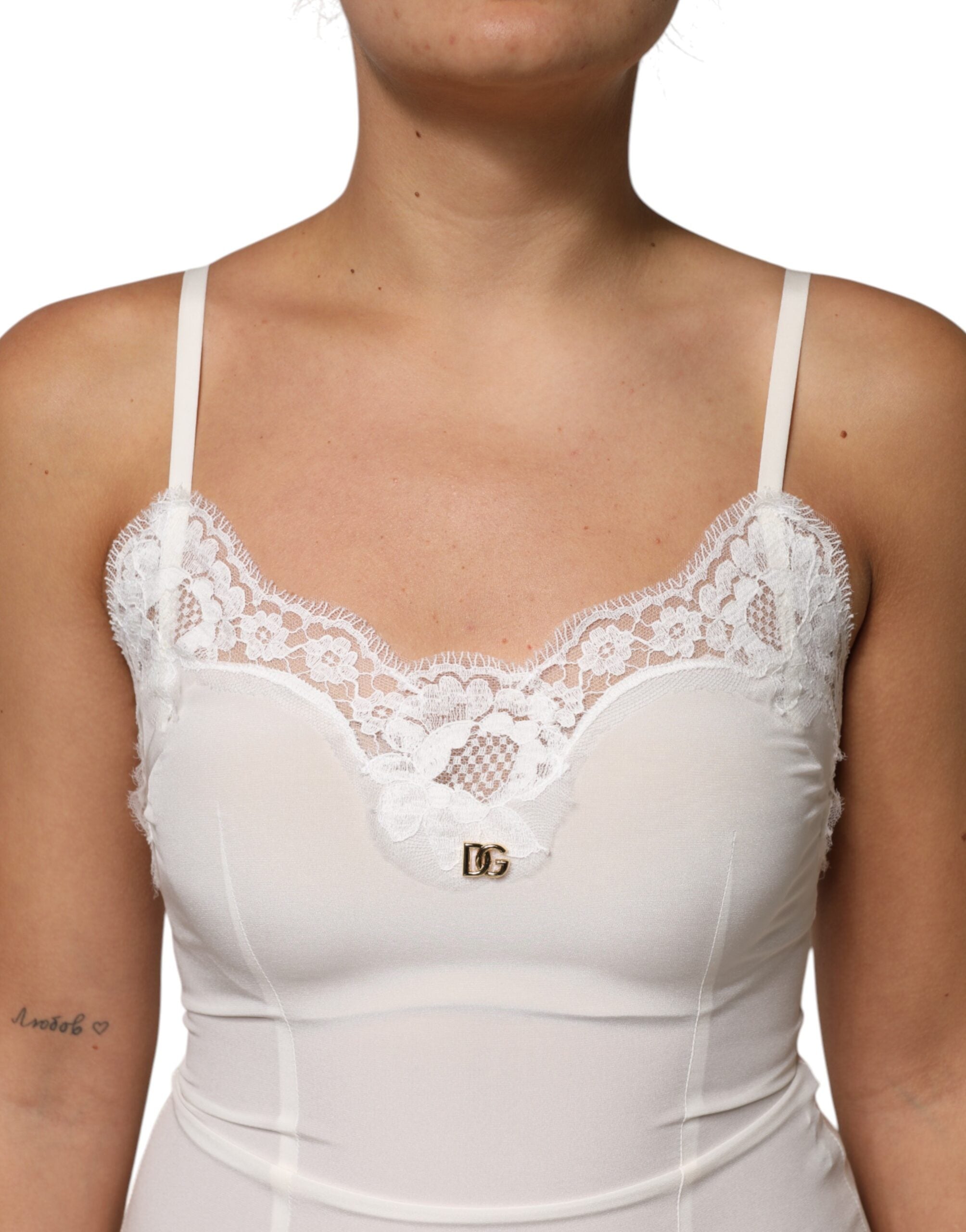 Dolce & Gabbana White Lace Dress with Gold DG Logo in Silk Nightwear-5