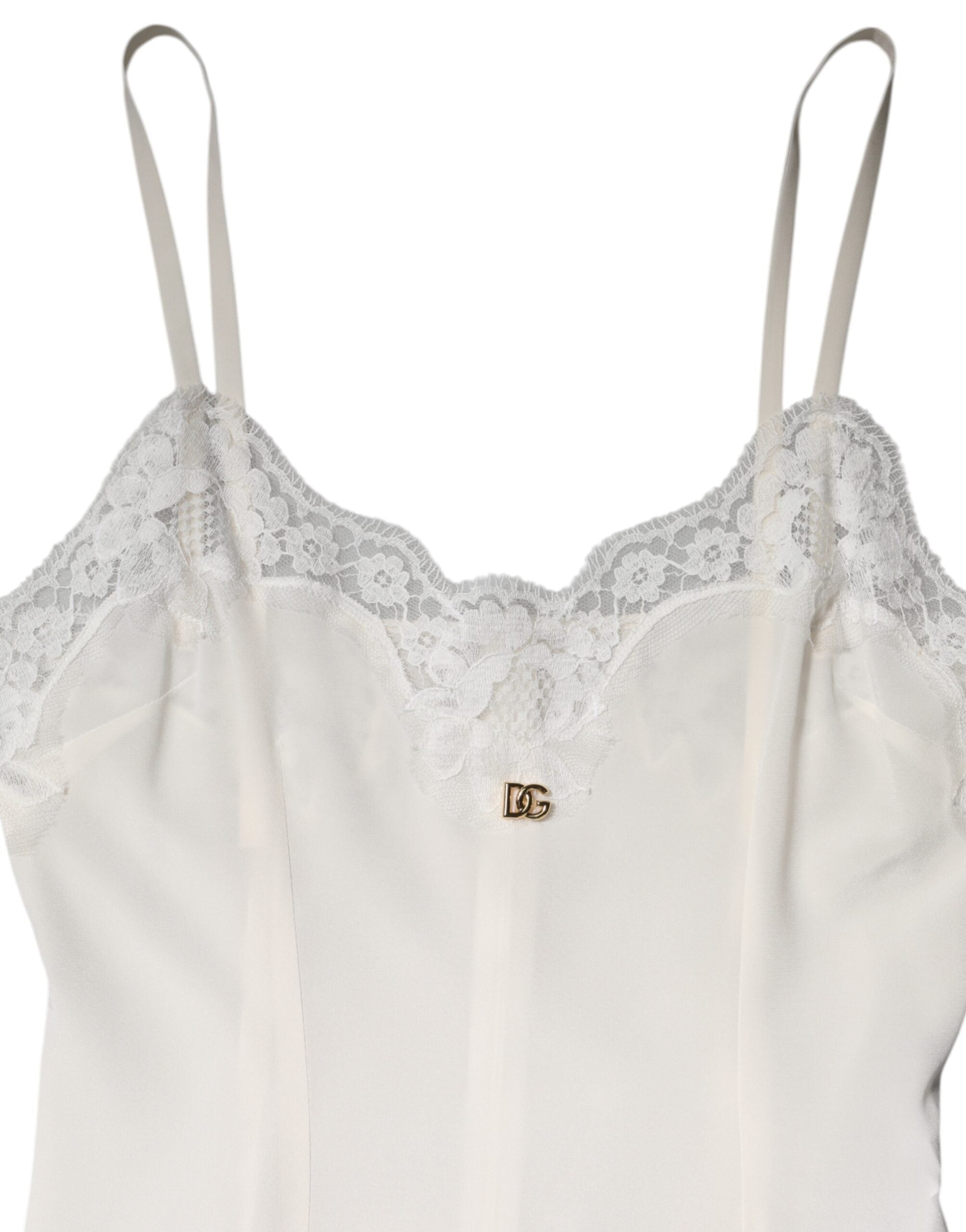 Dolce & Gabbana White Lace Dress with Gold DG Logo in Silk Nightwear-7