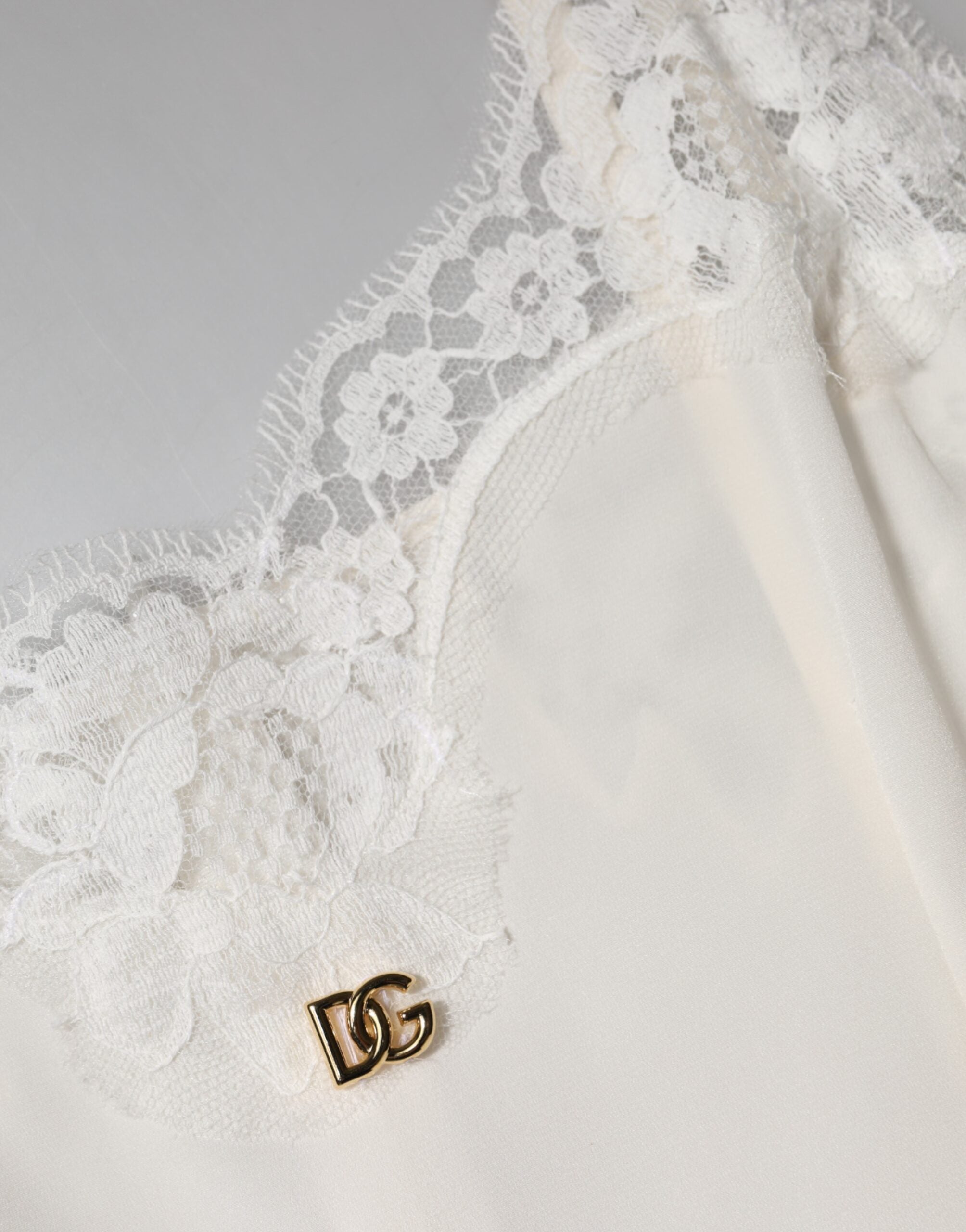 Dolce & Gabbana White Lace Dress with Gold DG Logo in Silk Nightwear-8