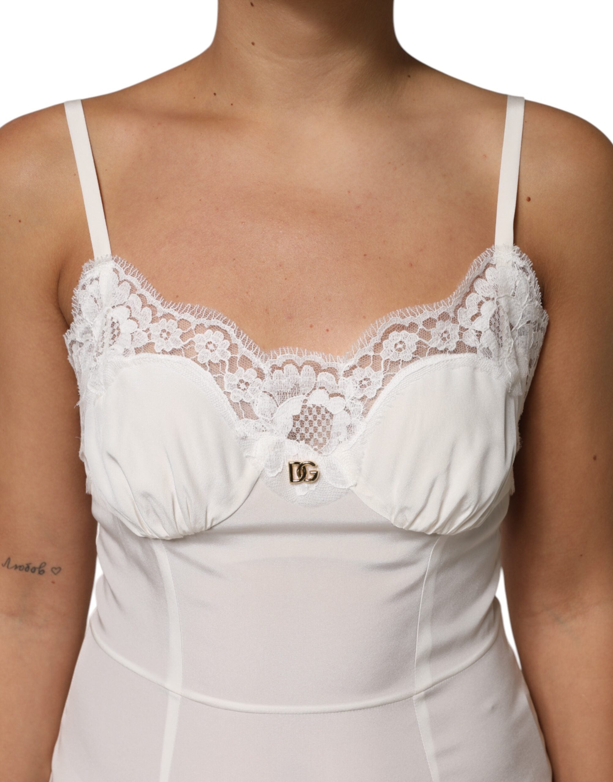 Dolce & Gabbana White DG Logo Lace Dress in Silk Nightwear-5