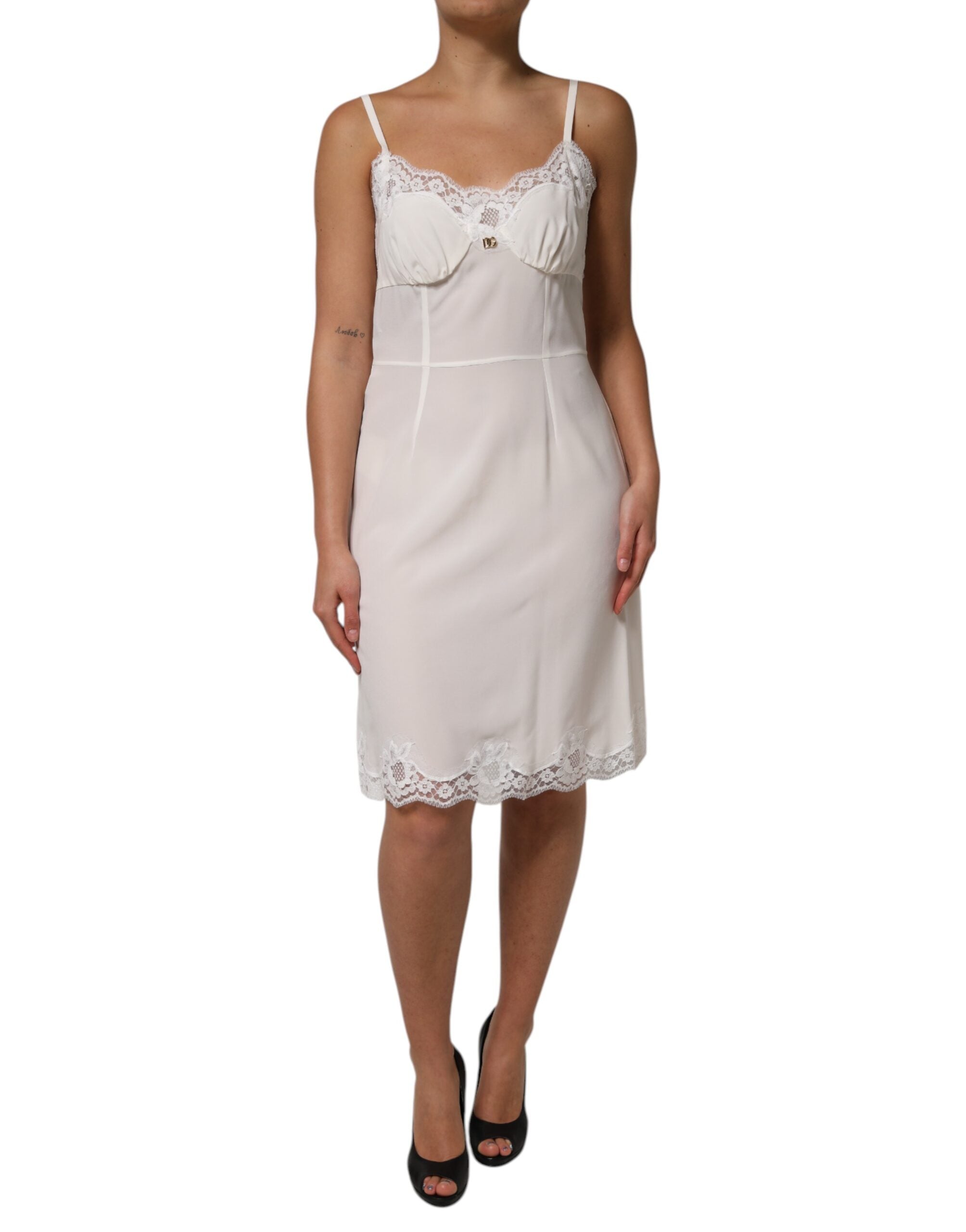 Dolce & Gabbana White Lace Dress with Gold DG Logo in Silk Nightwear-2