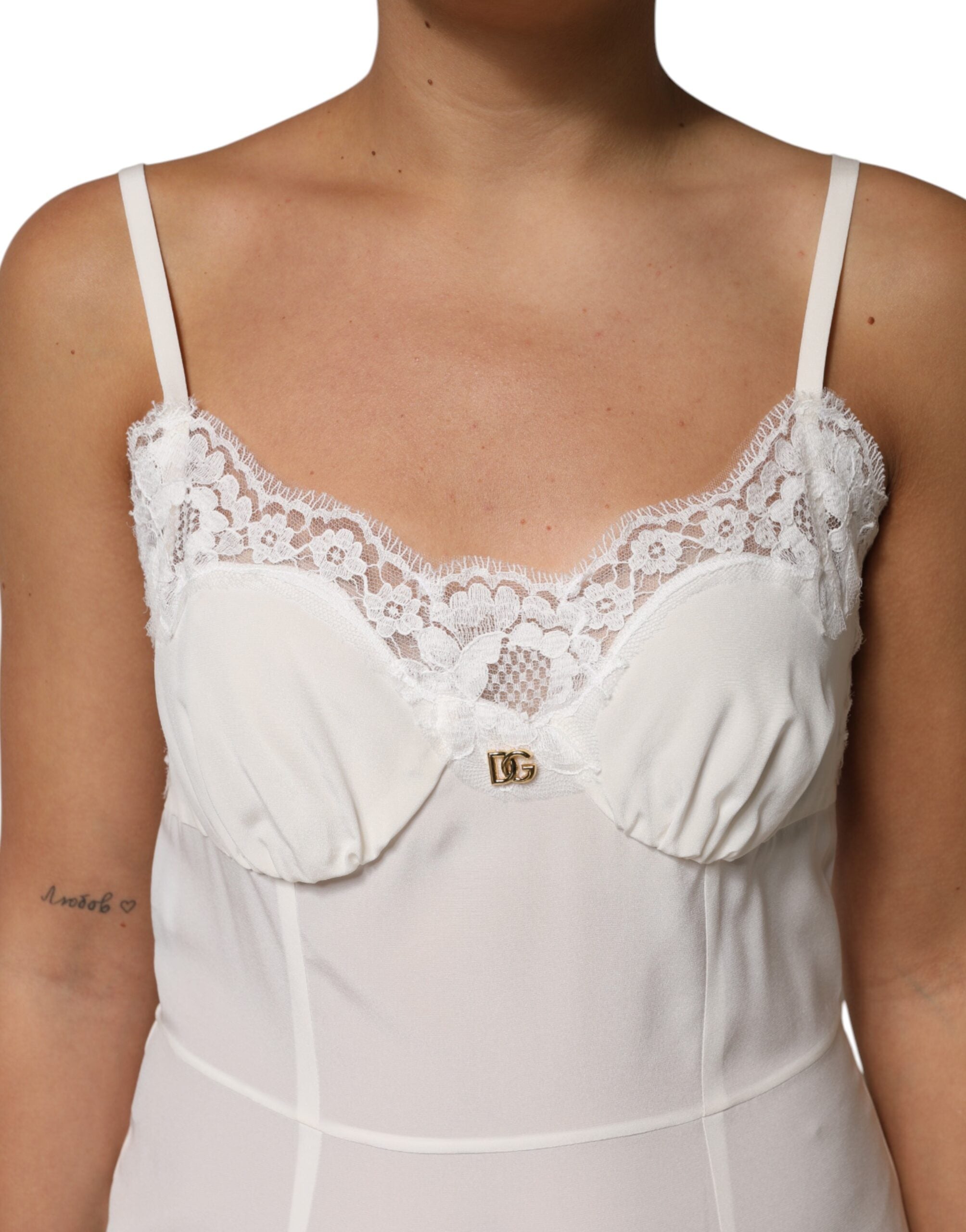 Dolce & Gabbana White Lace Dress with Gold DG Logo in Silk Nightwear-5