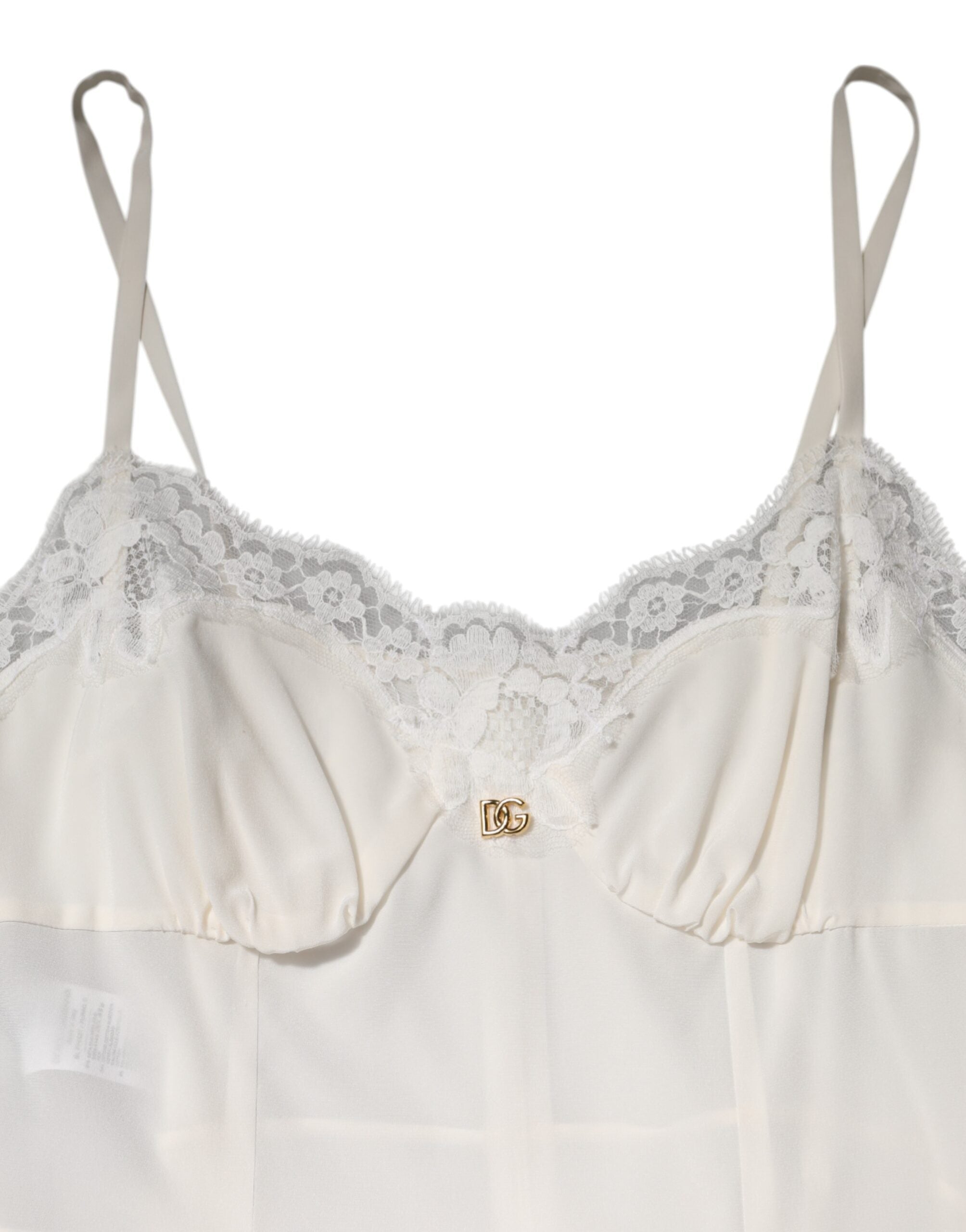 Dolce & Gabbana White Lace Dress with Gold DG Logo in Silk Nightwear-7