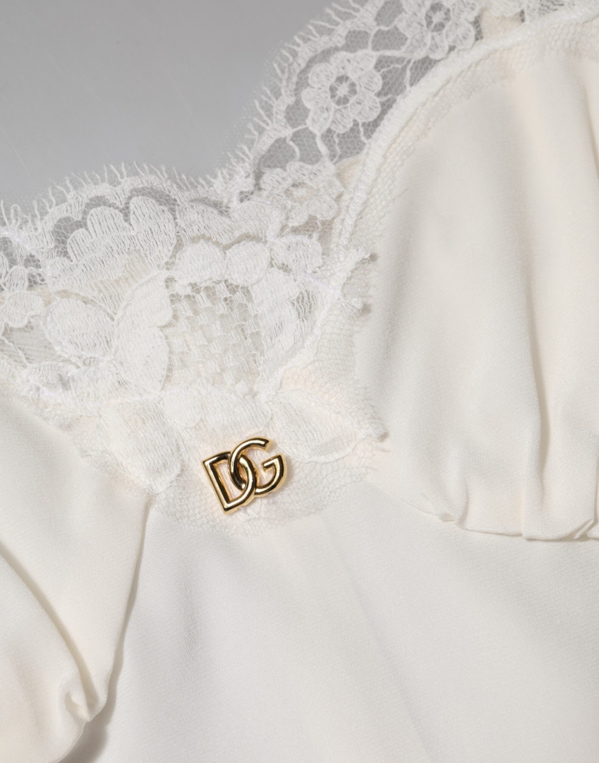 Dolce & Gabbana White Lace Dress with Gold DG Logo in Silk Nightwear-8