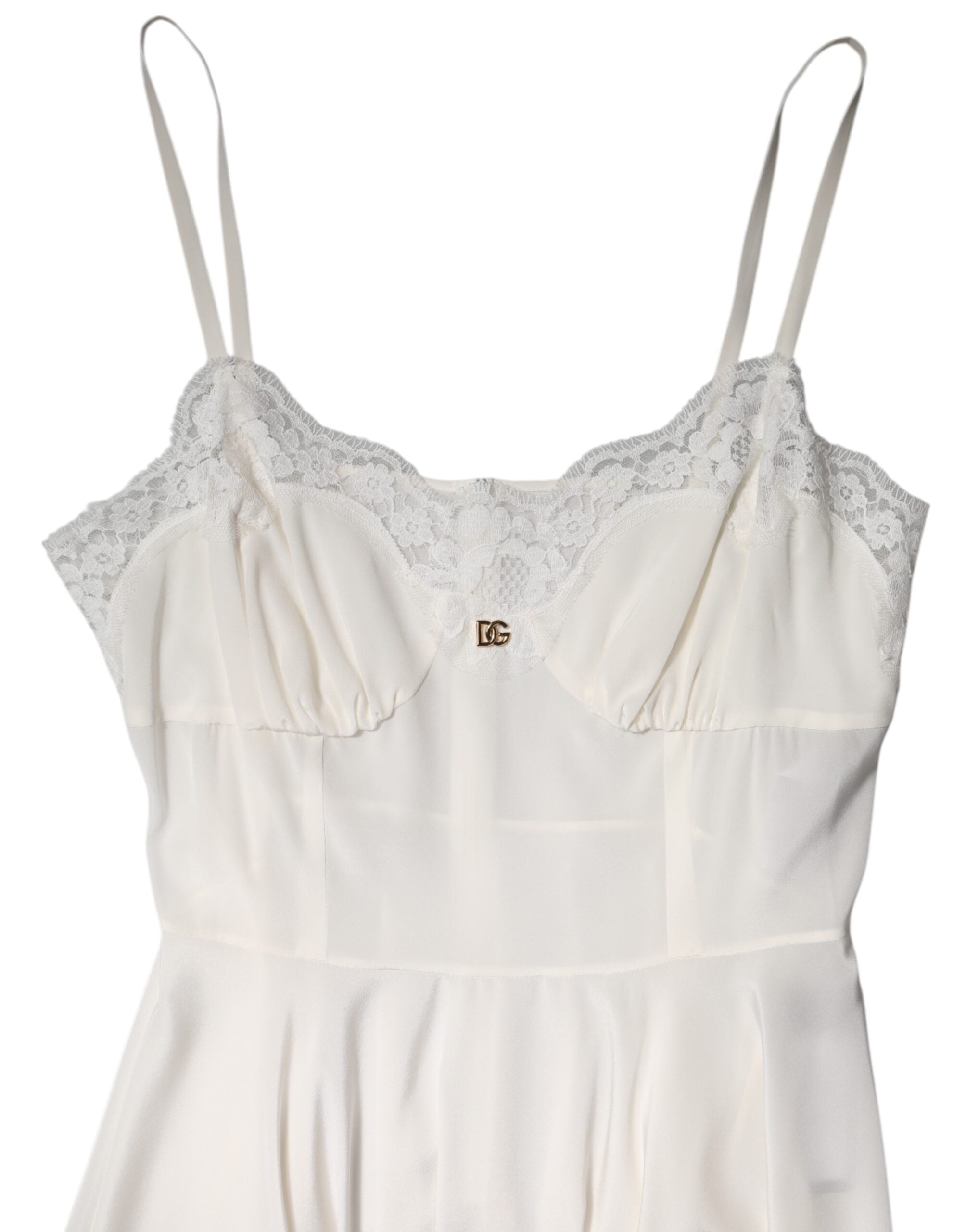 Dolce & Gabbana Weißes Spitzenkleid mit goldenem DG-Logo aus Seide Nachtwäsche-7