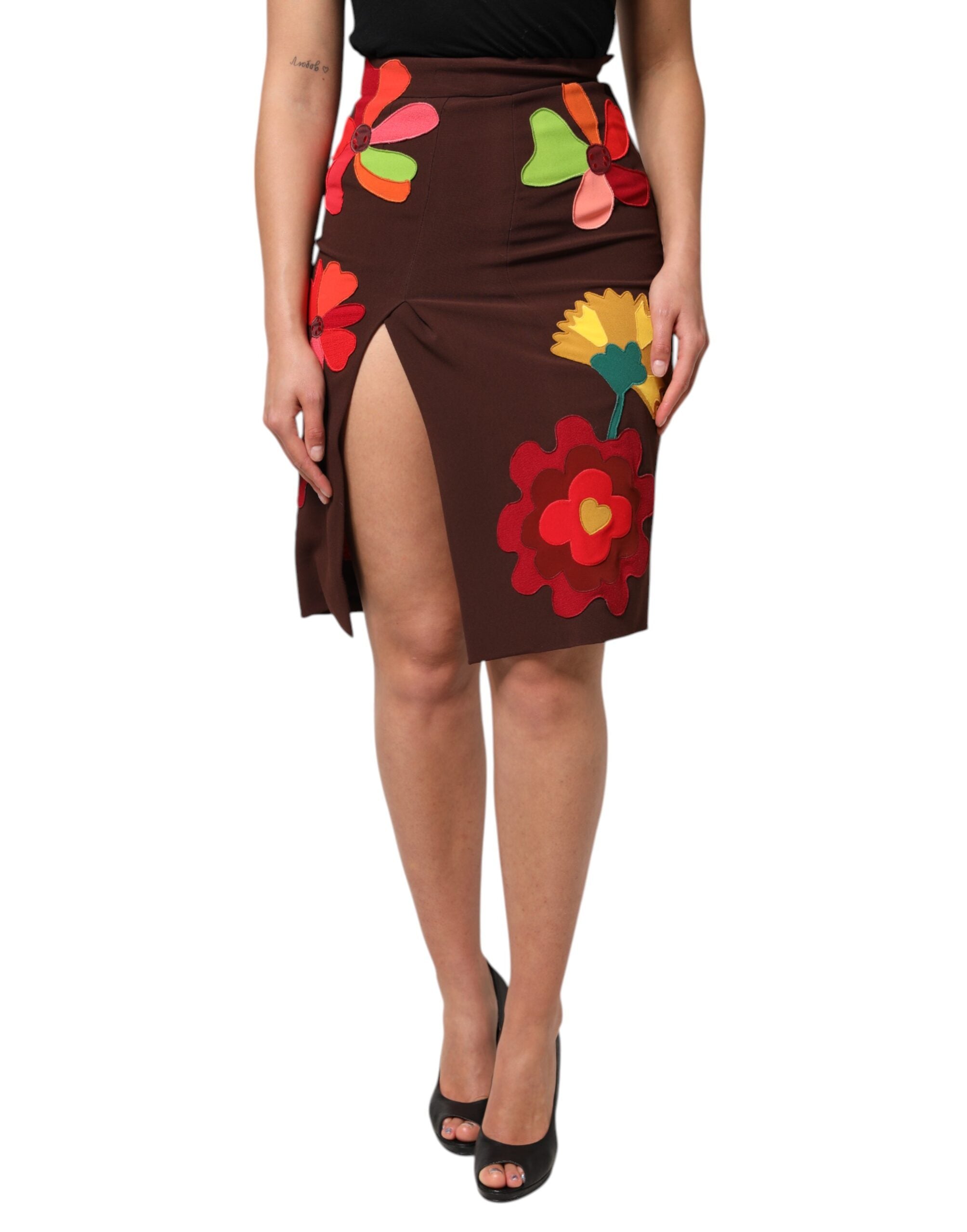 Dolce & Gabbana Brown floral skirt with high waist and side slit