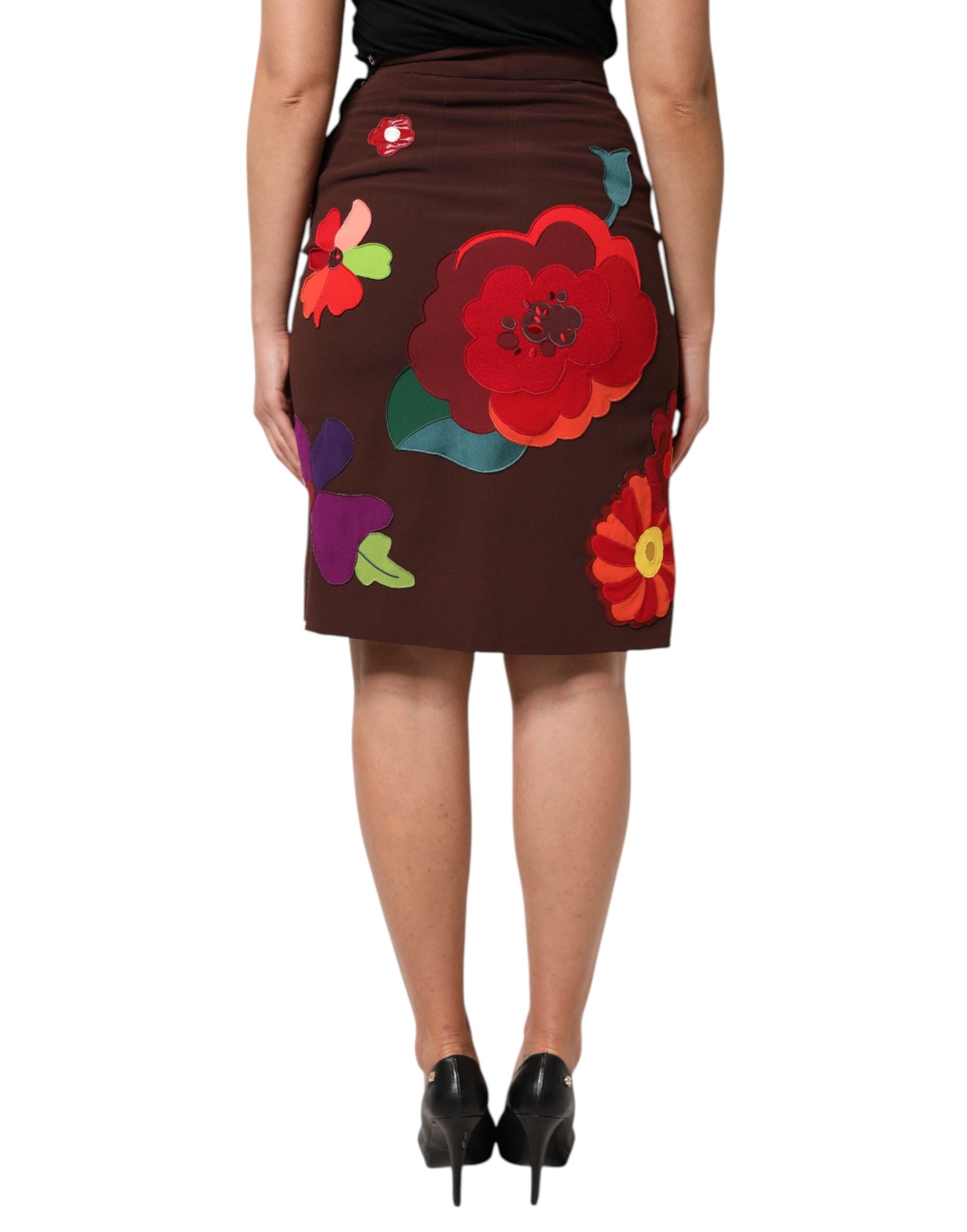 Dolce & Gabbana Brown floral skirt with high waist and side slit-4