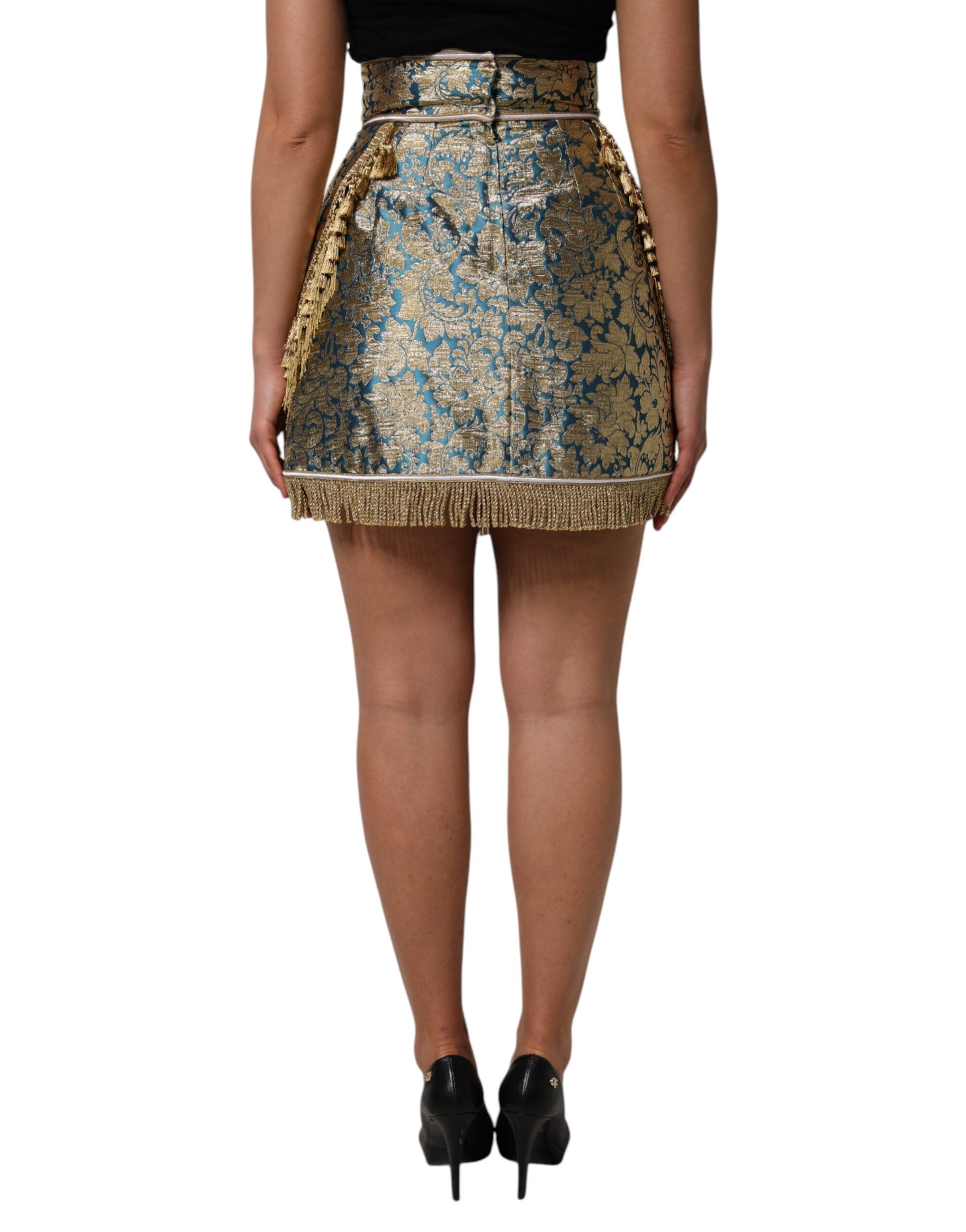 Dolce & Gabbana Blue floral jacquard mini skirt with tassels-4