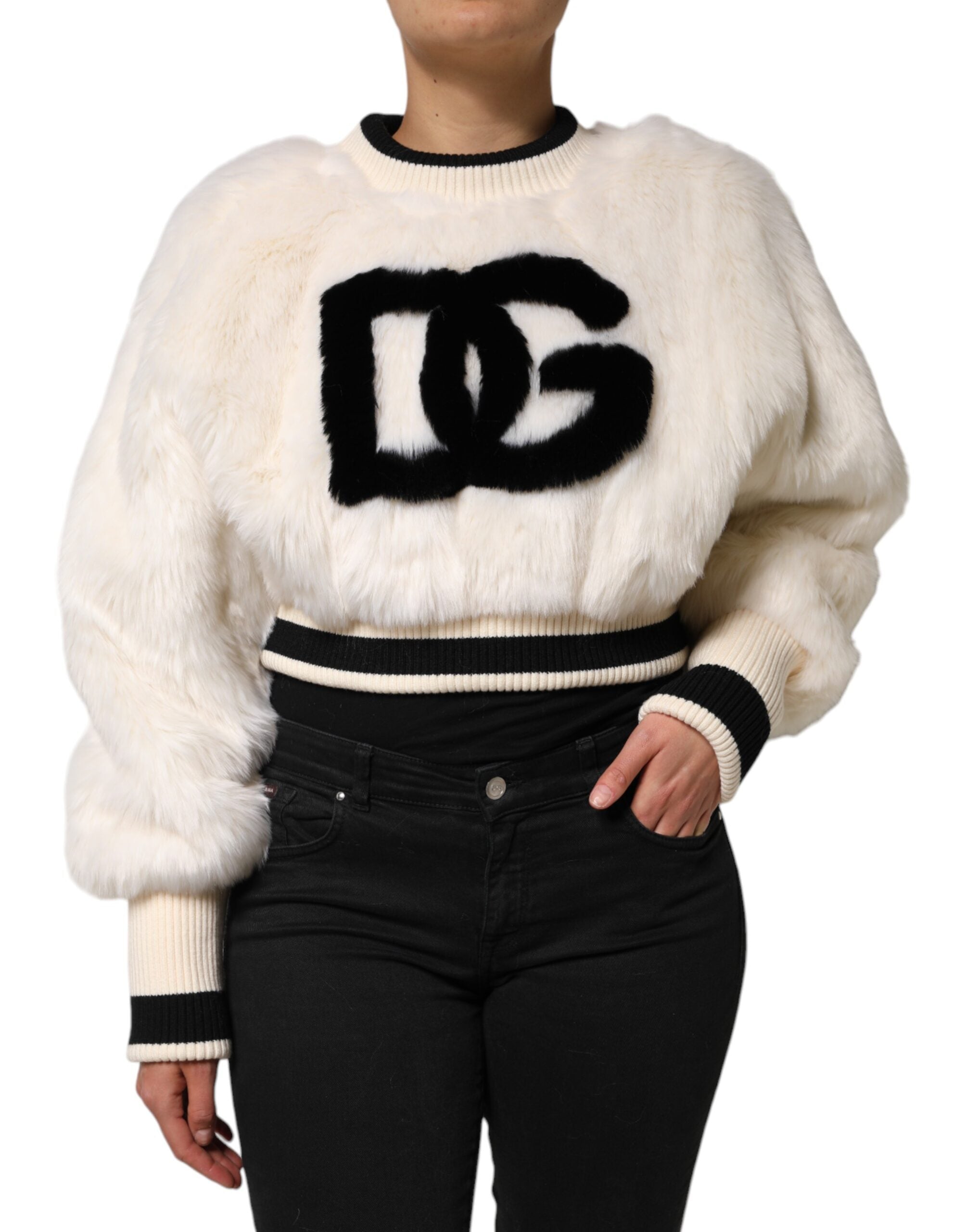 Sudadera corta blanca DG de Dolce & Gabbana con piel sintética-1