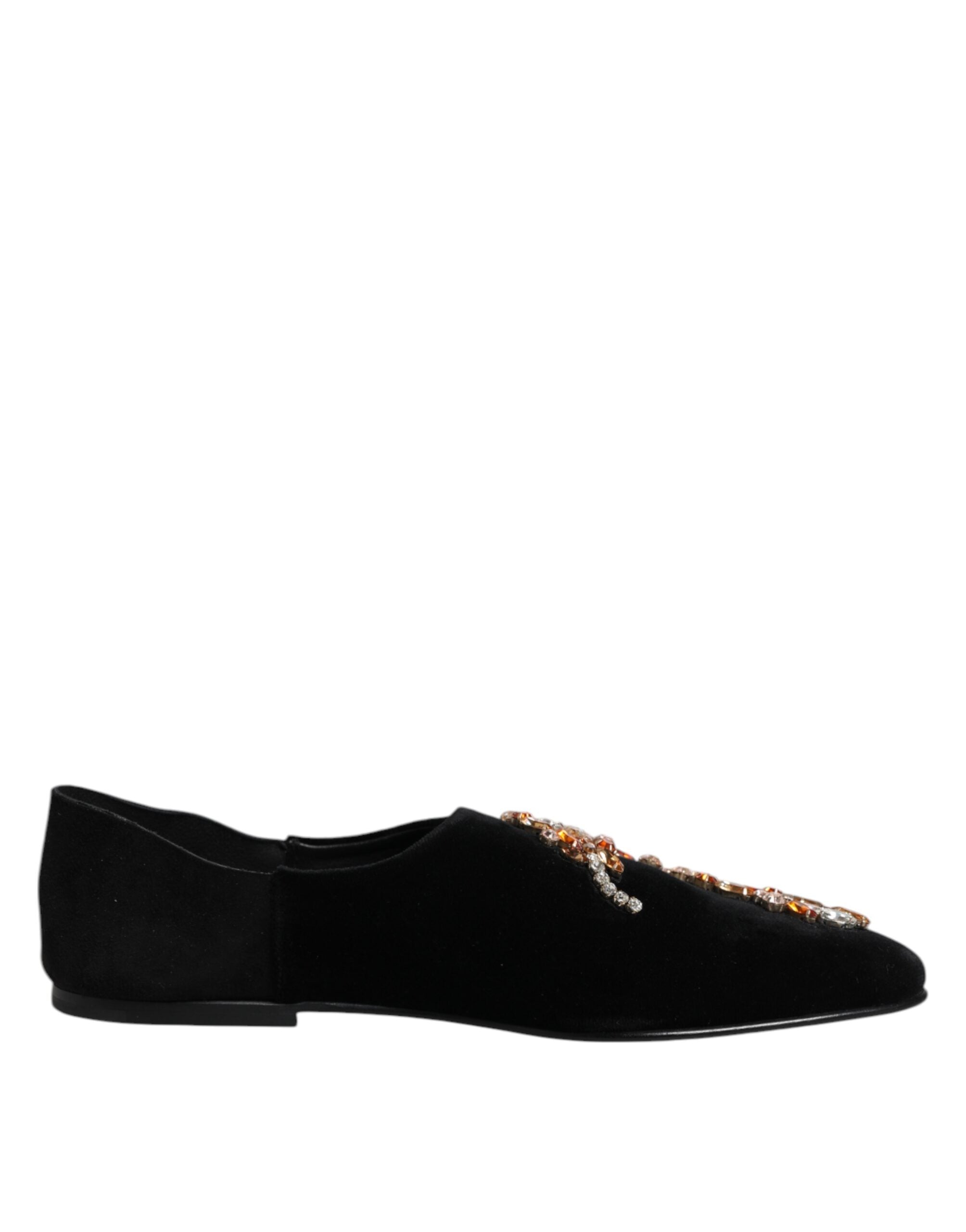Dolce & Gabbana Schwarzer Samt verschönert Loafer Slip On Schuhe-1