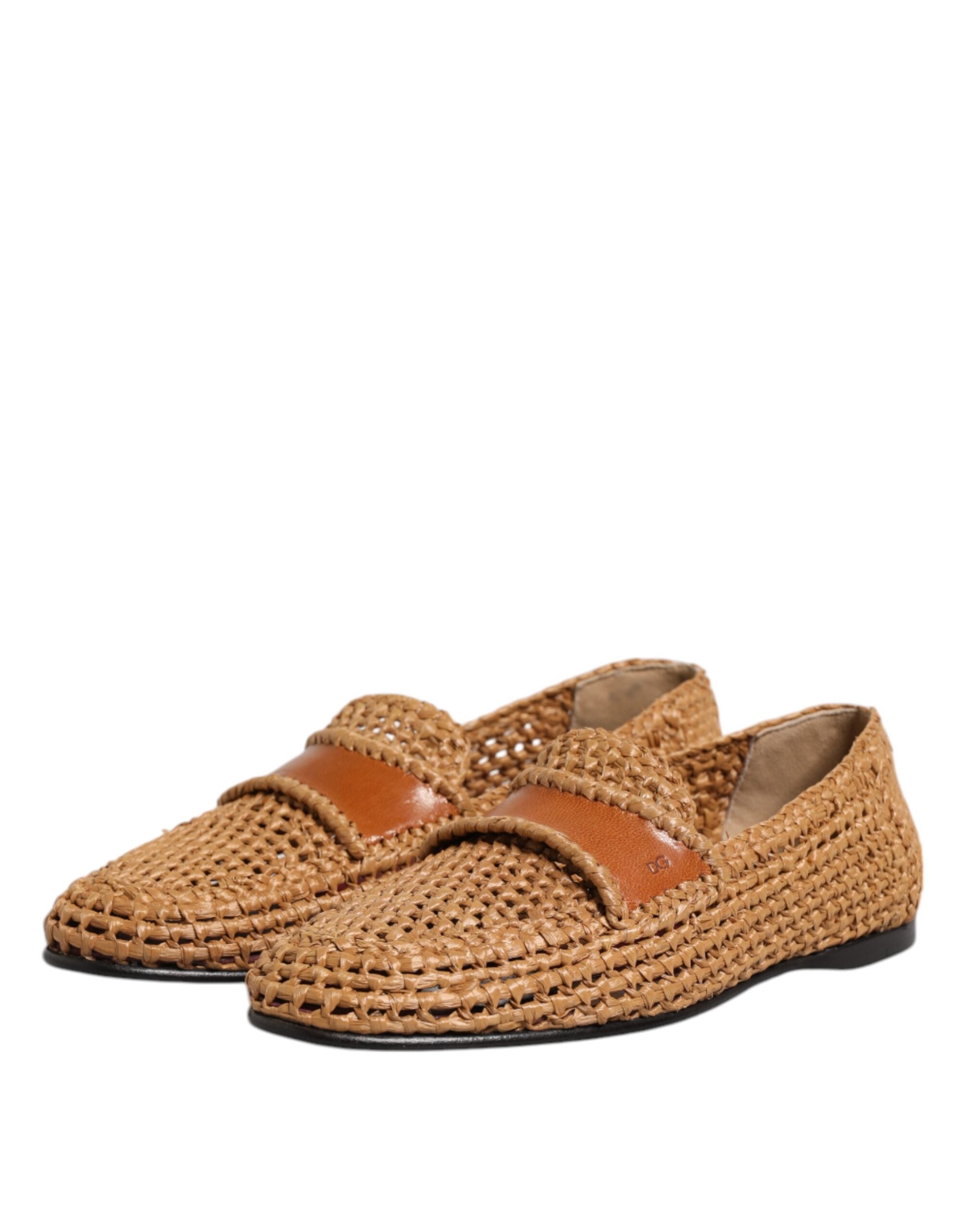 Dolce & Gabbana Brown Woven Raffia Slip-On Loafers Shoes-4