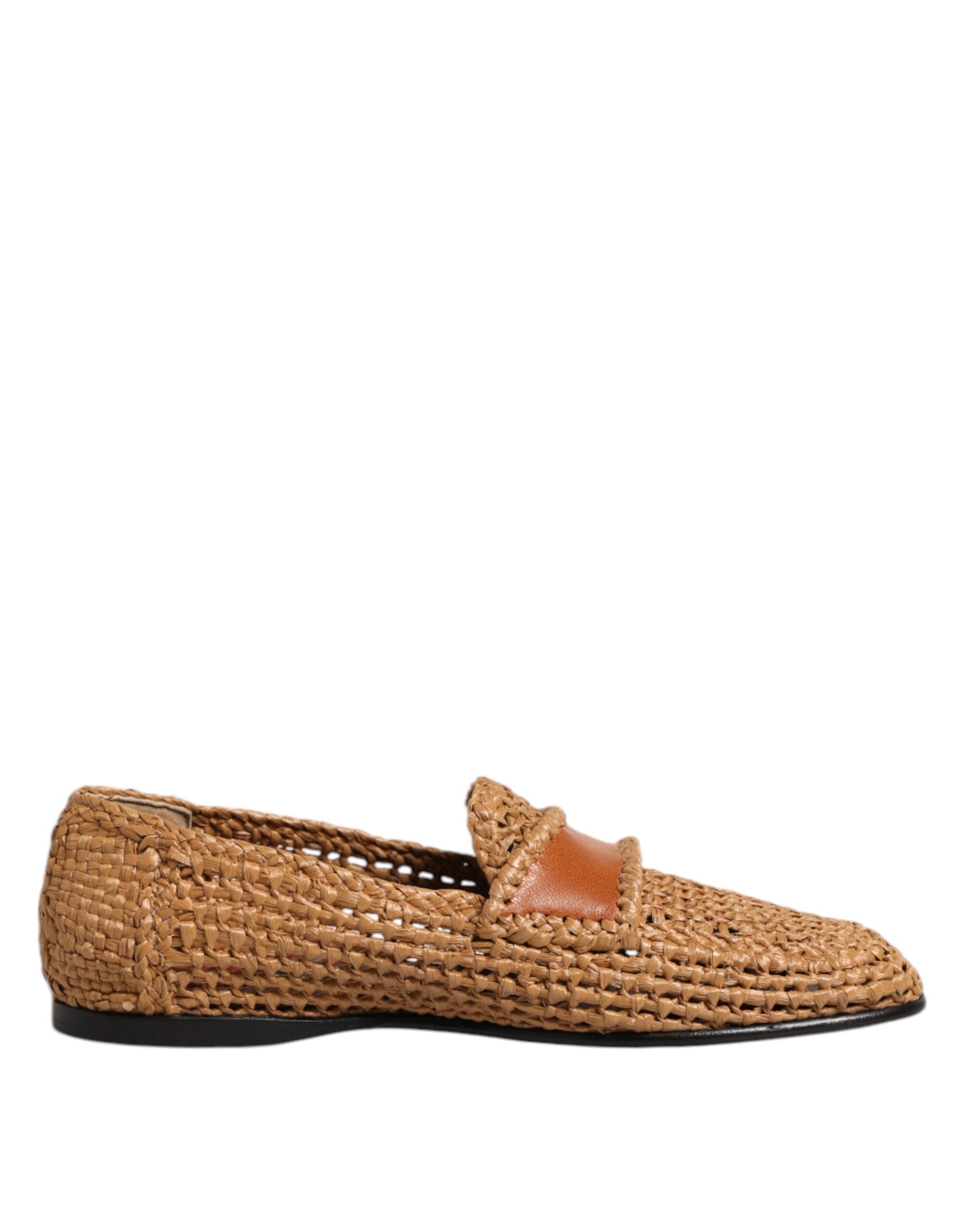 Dolce & Gabbana Brown Woven Raffia Slip-On Loafers Shoes-1