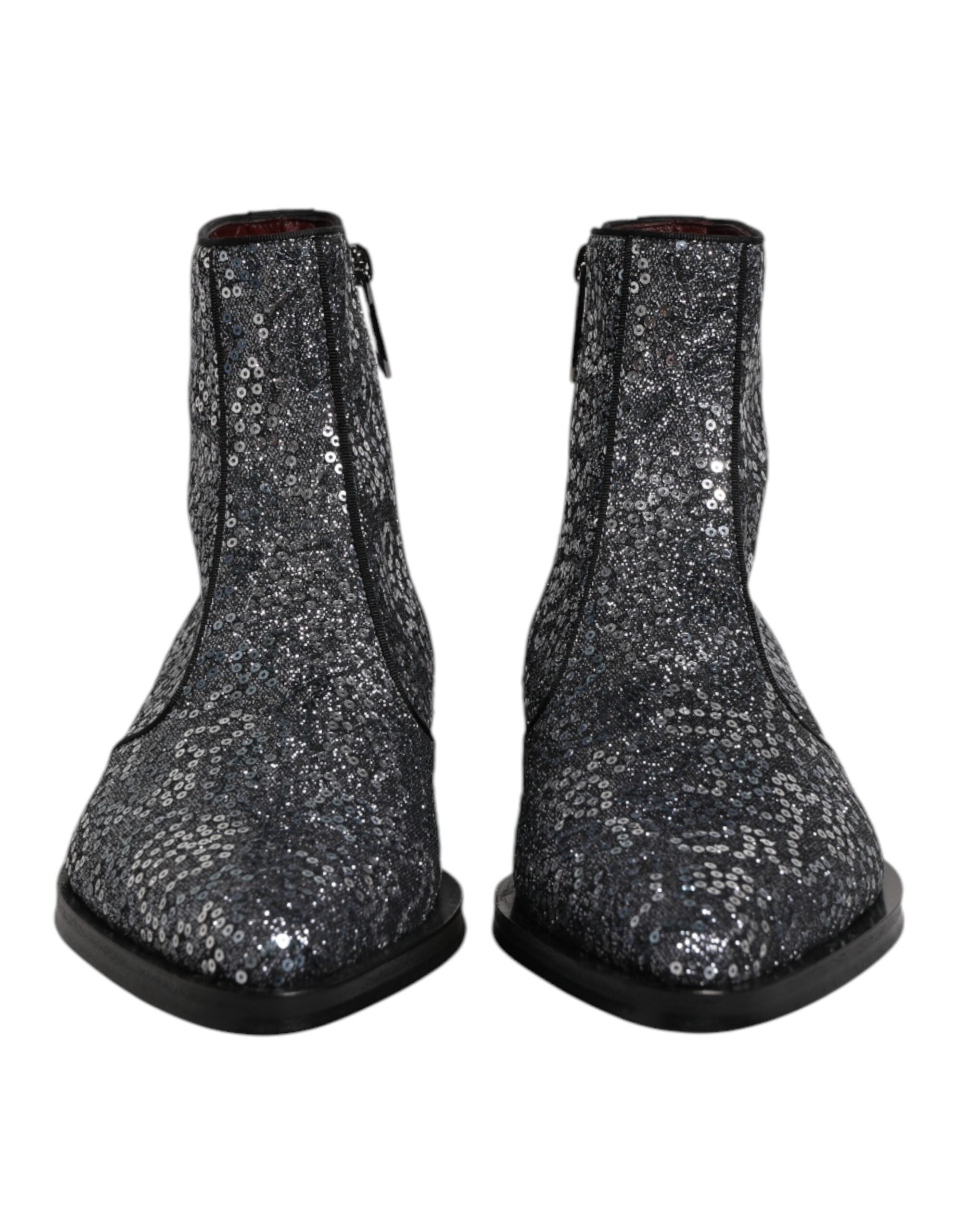 Dolce & Gabbana Dunkelgraue Baumwolle Pailletten Chelsea Boots Schuhe-2