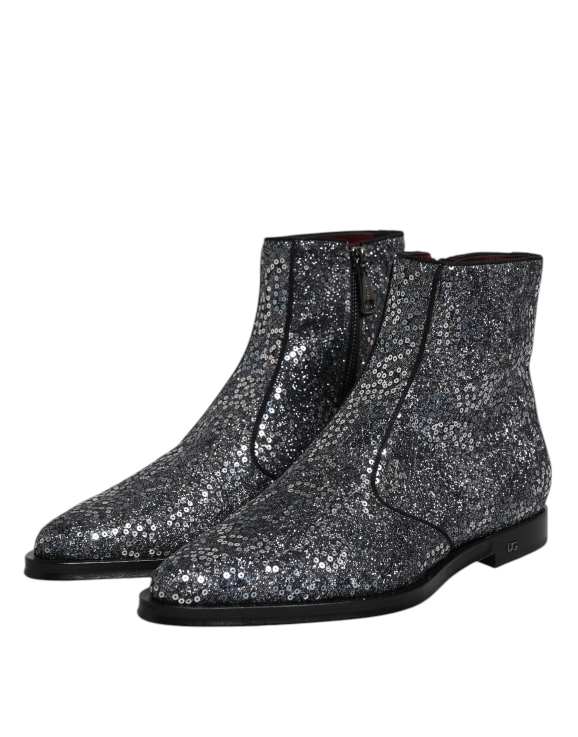 Dolce & Gabbana Dunkelgraue Baumwolle Pailletten Chelsea Boots Schuhe-4