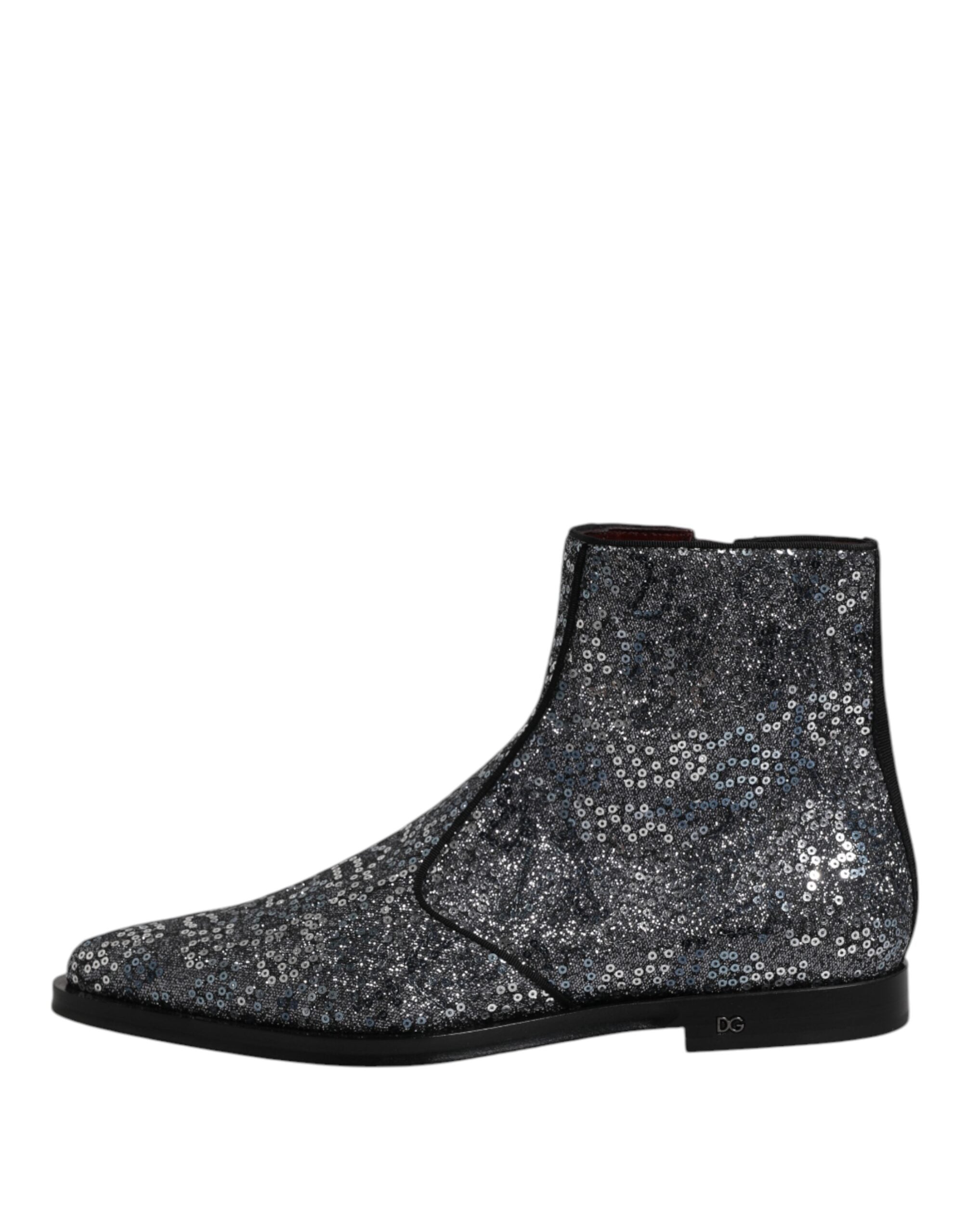 Dolce & Gabbana Dunkelgraue Baumwolle Pailletten Chelsea Boots Schuhe-6