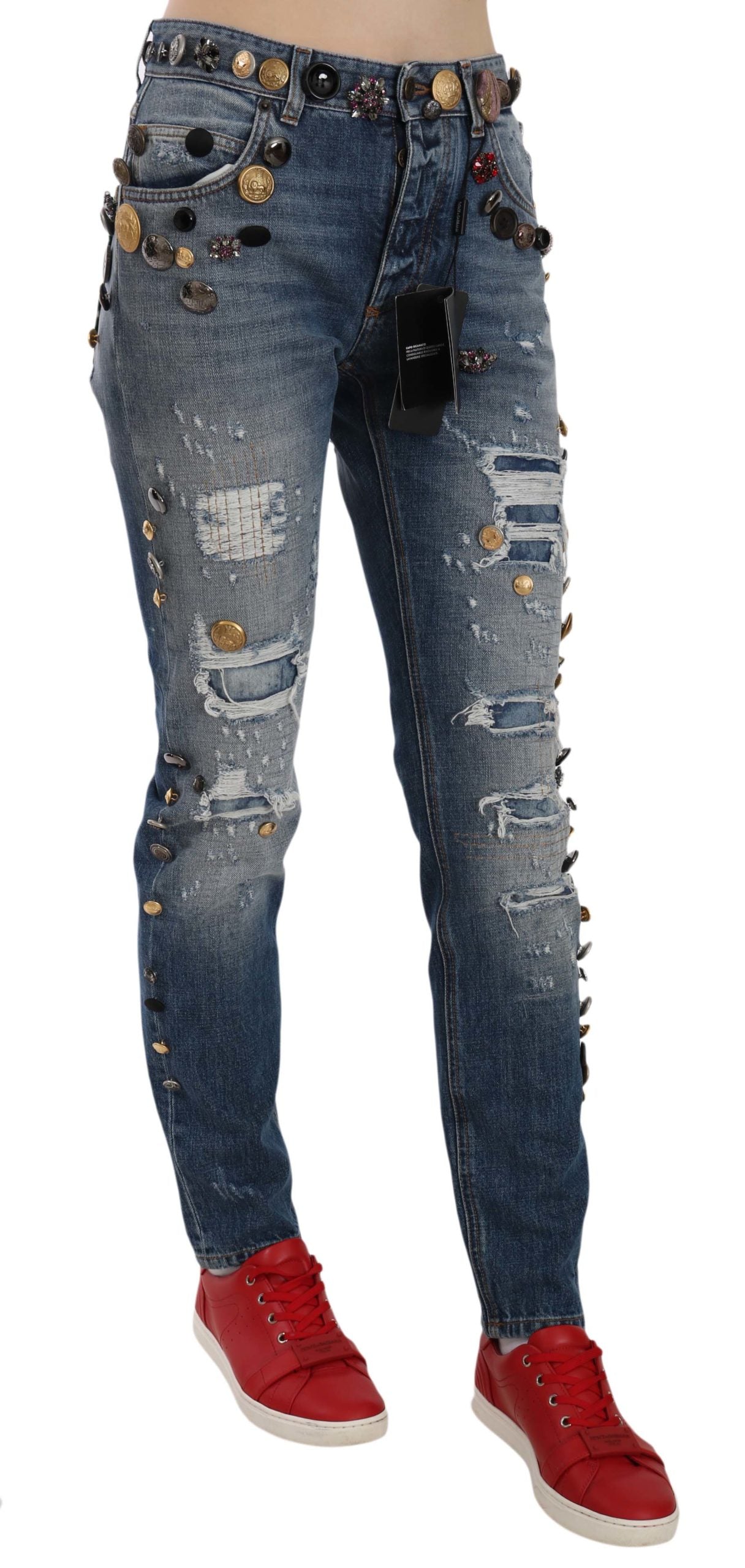 Dolce & Gabbana Distressed Embellished Button Denim Trousers Jeans