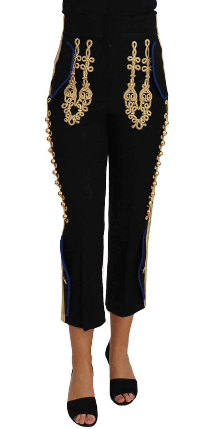 Dolce & Gabbana Military Trousers with Embellishments Black Gold Dress Trousers