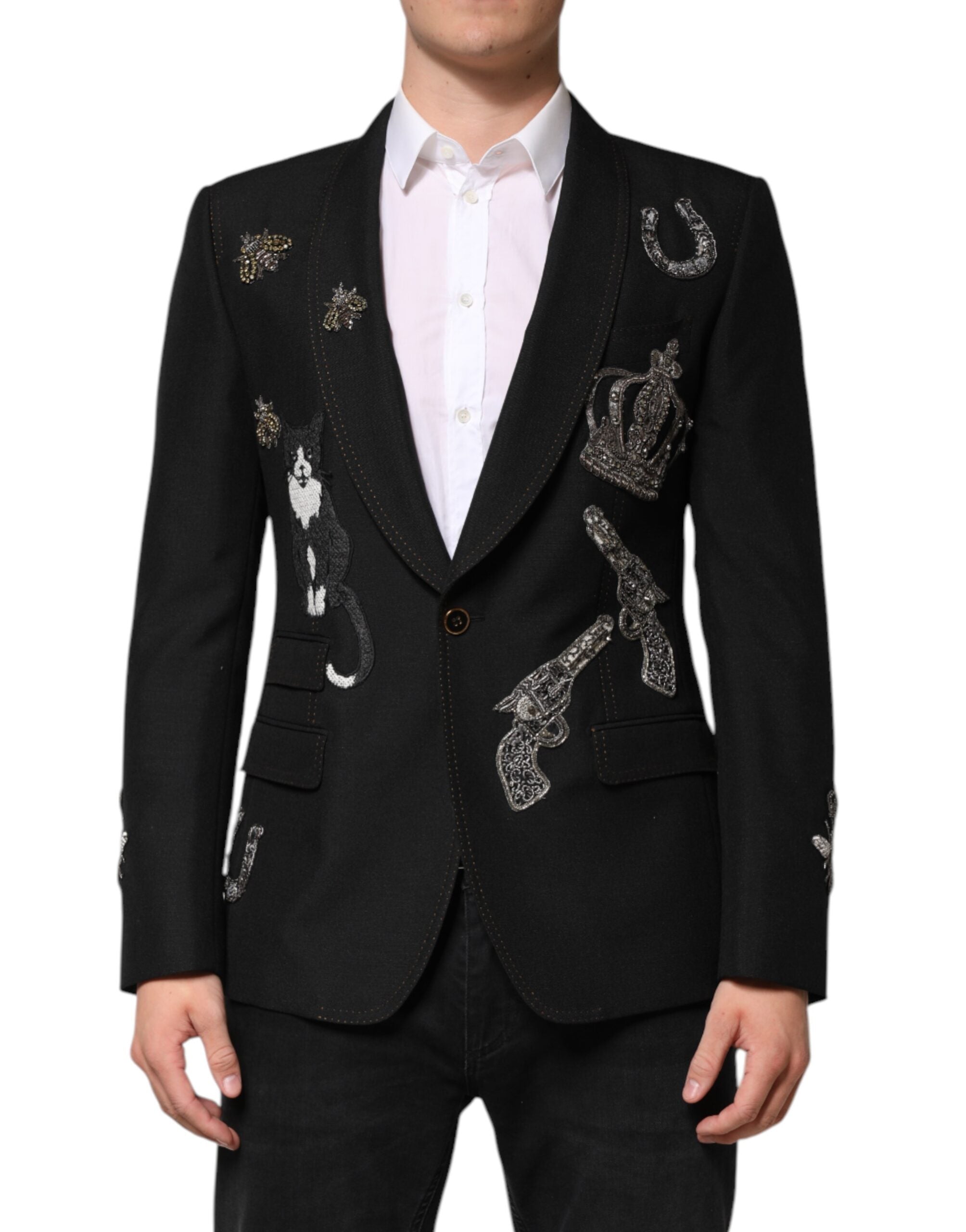 Abrigo de traje negro con corona de abeja y blazer de Dolce & Gabbana-1