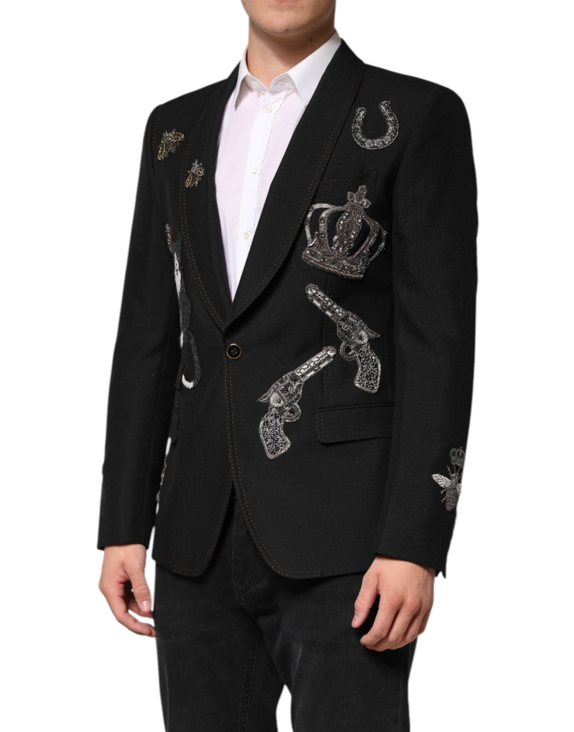 Abrigo de traje negro con corona de abeja y blazer de Dolce & Gabbana-3